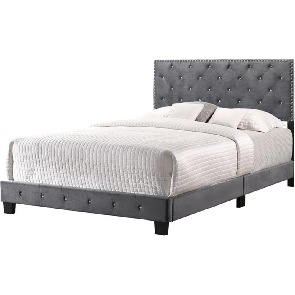 Glory Furniture Suffolk Velvet Upholstered Full Bed Frame in Gray - Luxurious Bedroom Furniture for Modern Homes & Guest Rooms