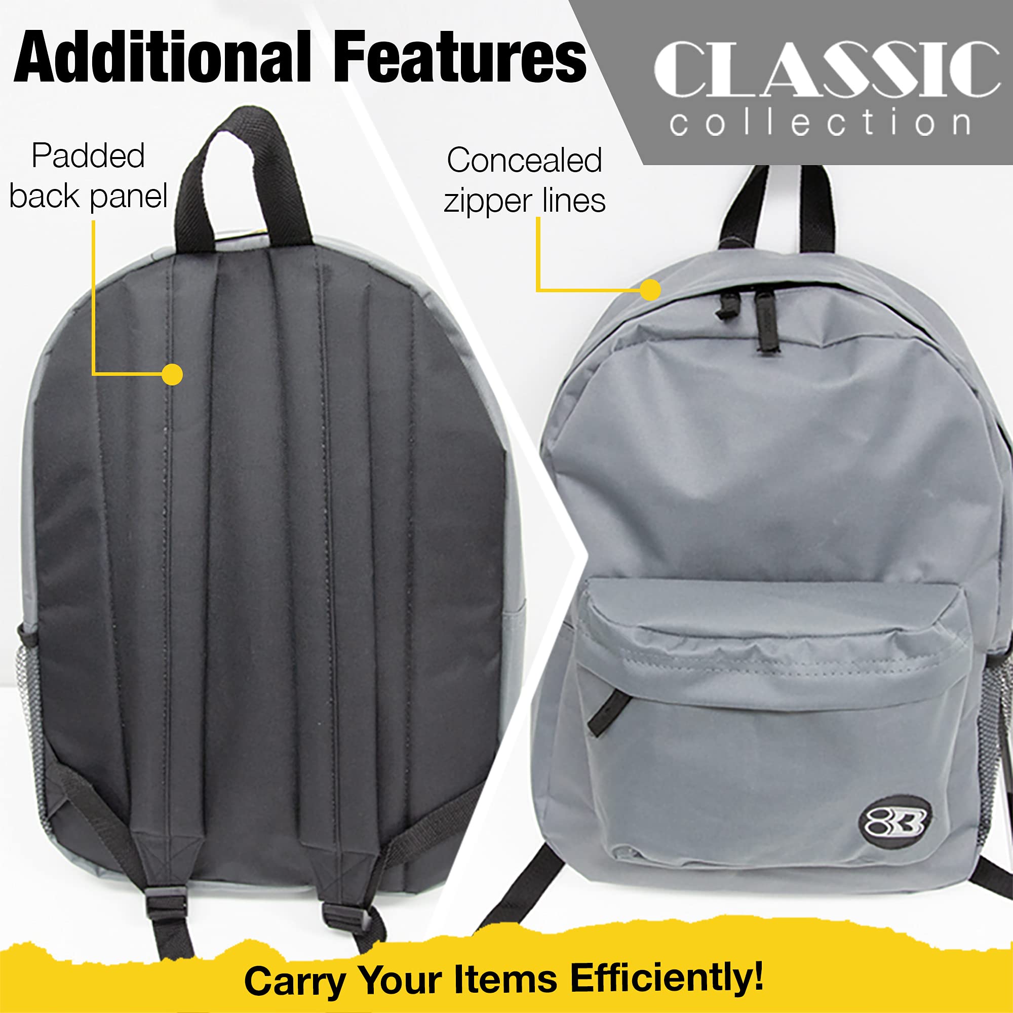 BAZIC 17-Inch Lightweight School Backpack with Padded Back & Adjustable Straps - Gray Student Backpack for High School & College, Travel Daypack Fits A4 Notebooks (12-Pack) - Perfect for Class, Commuting & Weekend Trips