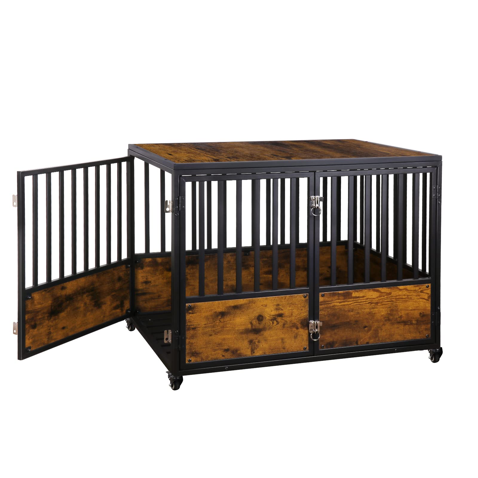 AGESISI 38 Inch Wooden Dog Crate Furniture - Rustic Brown Pet Kennel with 2 Doors & 4 Lockable Wheels for Small Medium Dogs | Indoor Dog Cage End Table for Living Room, Bedroom & Office Decor