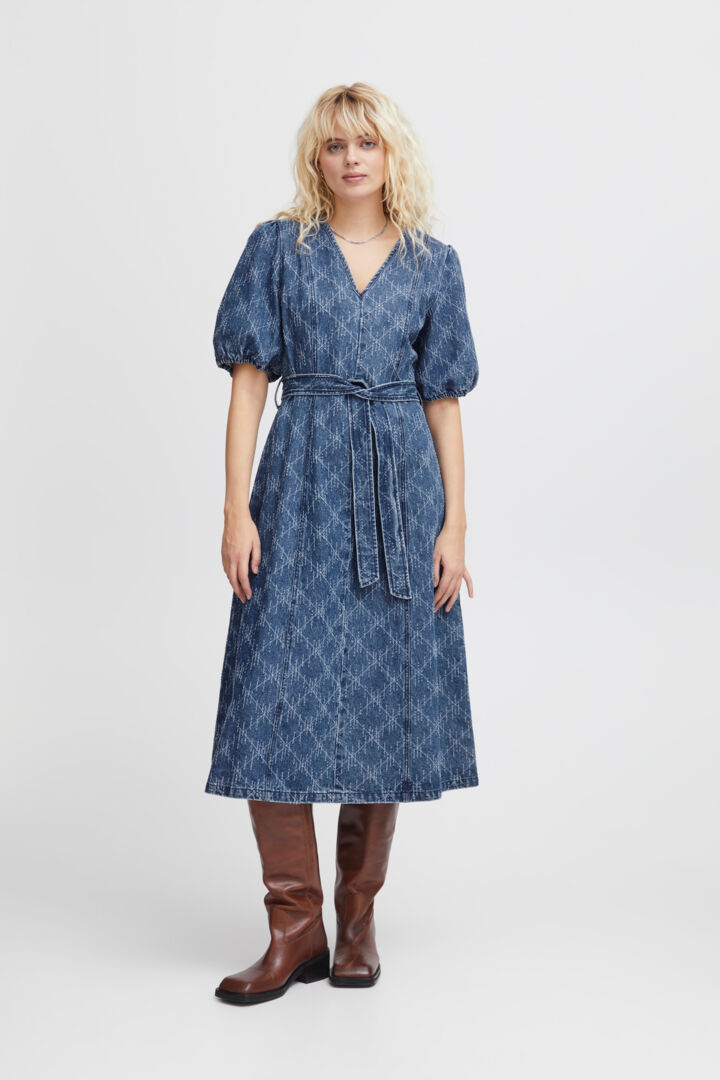 HASKI Women's Denim Midi Dress - Medium Blue Wash, Casual & Stylish for Everyday Wear, Office, or Date Night