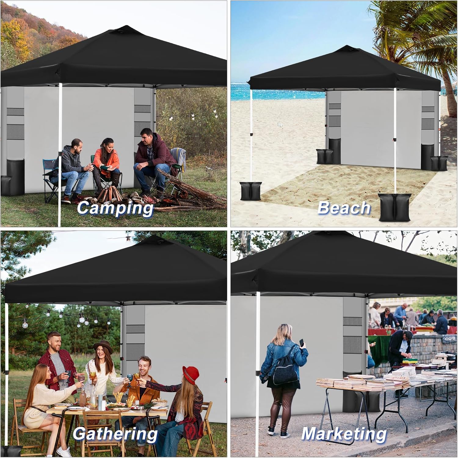 WEIZE 10x10 Pop Up Canopy Tent - Instant One-Button Setup Gazebo with Adjustable Height, 1 Sidewall & 6 Storage Pockets | Includes 4 Weight Bags | Portable Sun Shelter for Outdoor Events, Beach Parties, Camping & Backyard Gatherings (Black)