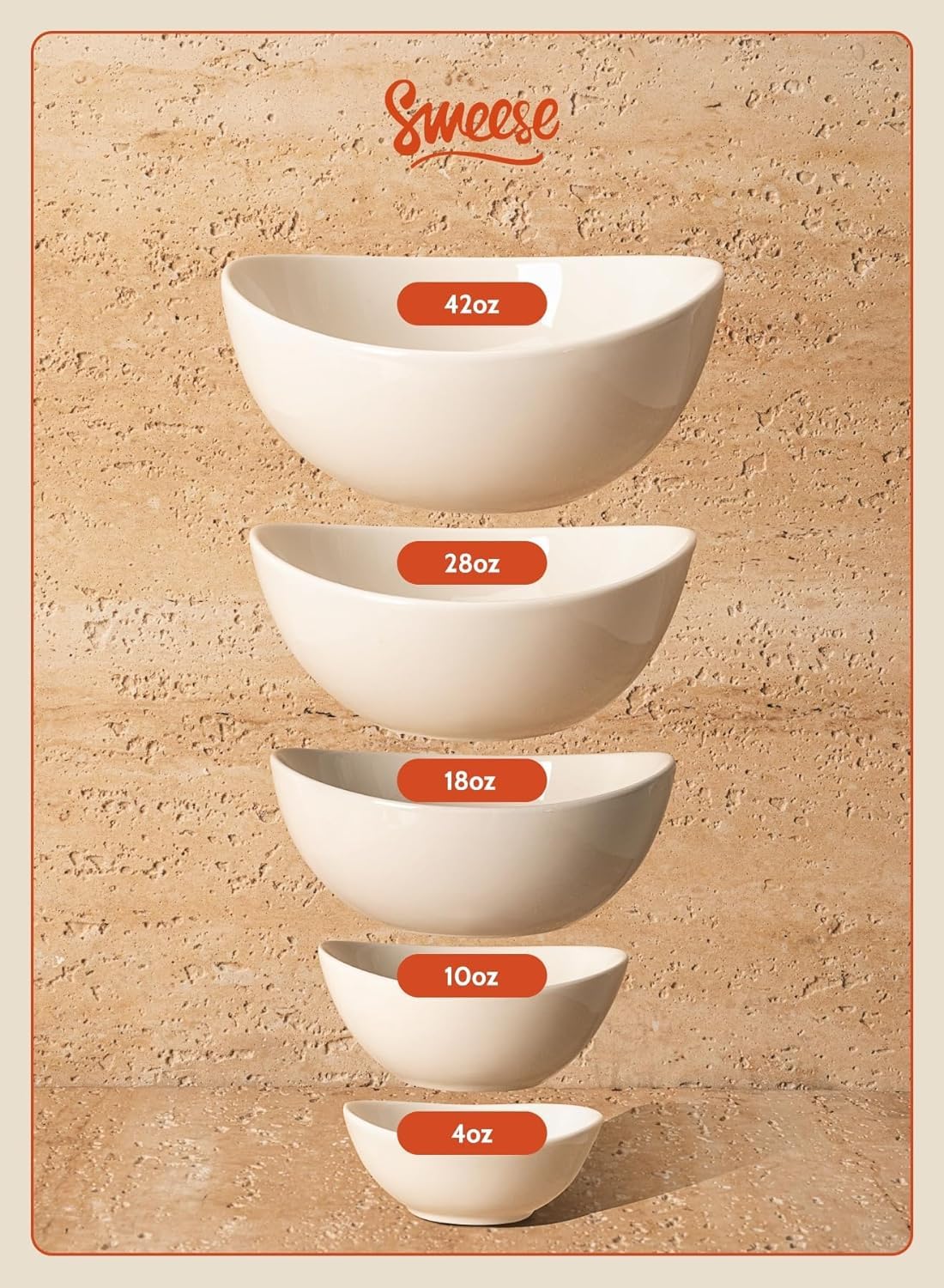 Sweese 8 Inch Porcelain Serving Bowls Set of 4 (42 oz Each) - Microwave, Dishwasher & Oven Safe White Bowls for Salad, Soup, Pasta, Snacks - Perfect for Family Dinners, Entertaining & Meal Prep