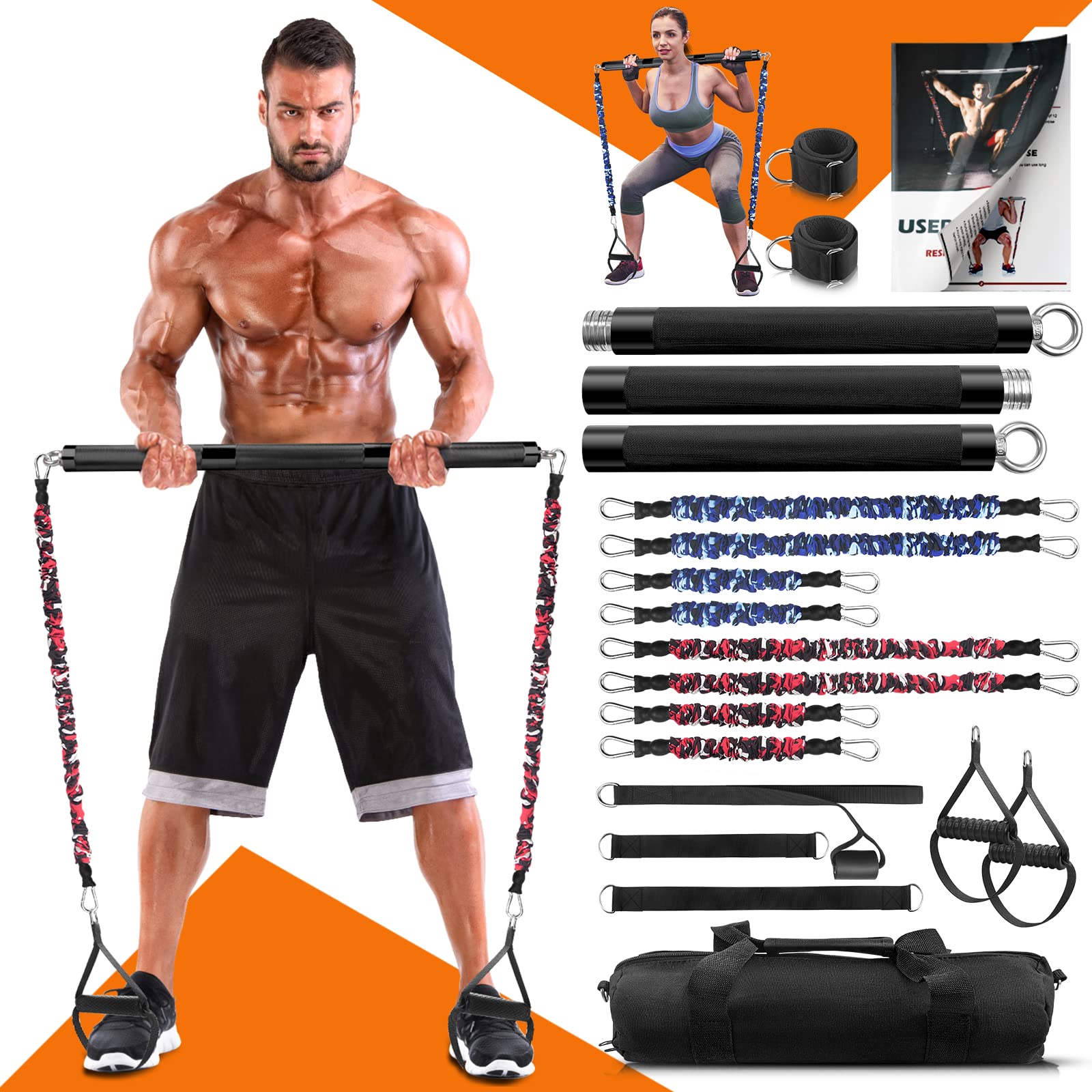 DASKING 2-in-1 Portable Home Gym Set - 500LBS Detachable Resistance Bar with 8 Stackable Exercise Bands | Full Body Workout Equipment for Strength Training, Yoga & Pilates | Perfect for Home, Office & Travel Fitness
