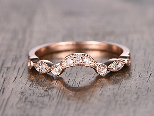 14K Rose Gold Curved Diamond Wedding Ring - Half Eternity Band, Art Deco Stackable Anniversary Ring with Milgrain Detailing | Perfect for Bridal Sets, Engagement Stacking & Romantic Gifts