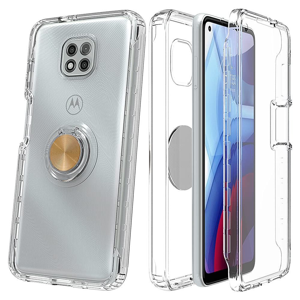 Shockproof Clear Phone Case for Moto G Power 2021 - Full Body Protection with Built-in Screen Protector & Ring Kickstand | Anti-Drop Rubber Cover (Gold) | Perfect for Outdoor Activities, Travel & Daily Use