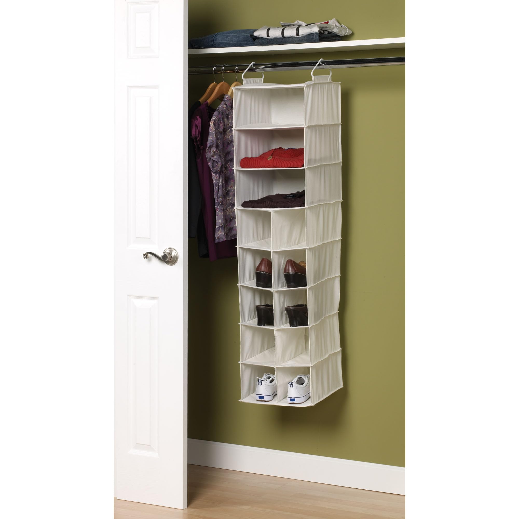 10-Pocket Hanging Shoe Organizer & 3-Shelf Sweater Storage - Natural Canvas White | Space-Saving Closet Organizer for Bedroom, Entryway, and Dorm Room