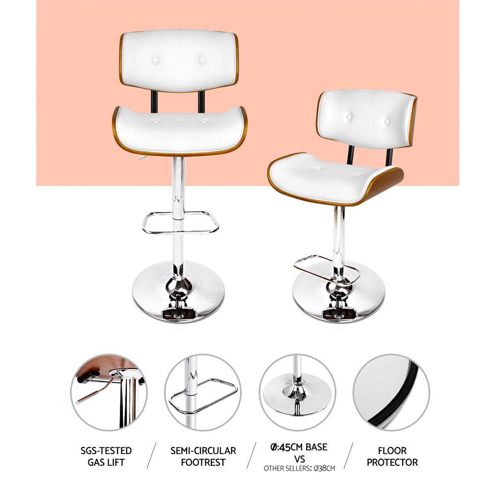 Artiss Adjustable Height Two Bar Stools with Gas Lift Mechanism - White Leather Counter Stools for Kitchen Island, Bar, or Dining Room