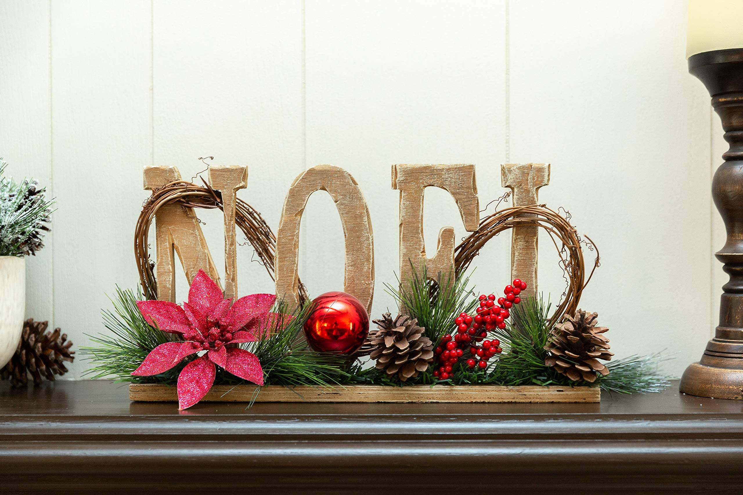 17 Inch Wood Noel Floral Sign - Large Christmas Home Decor Centerpiece for Holiday Mantel, Table, or Wall Display