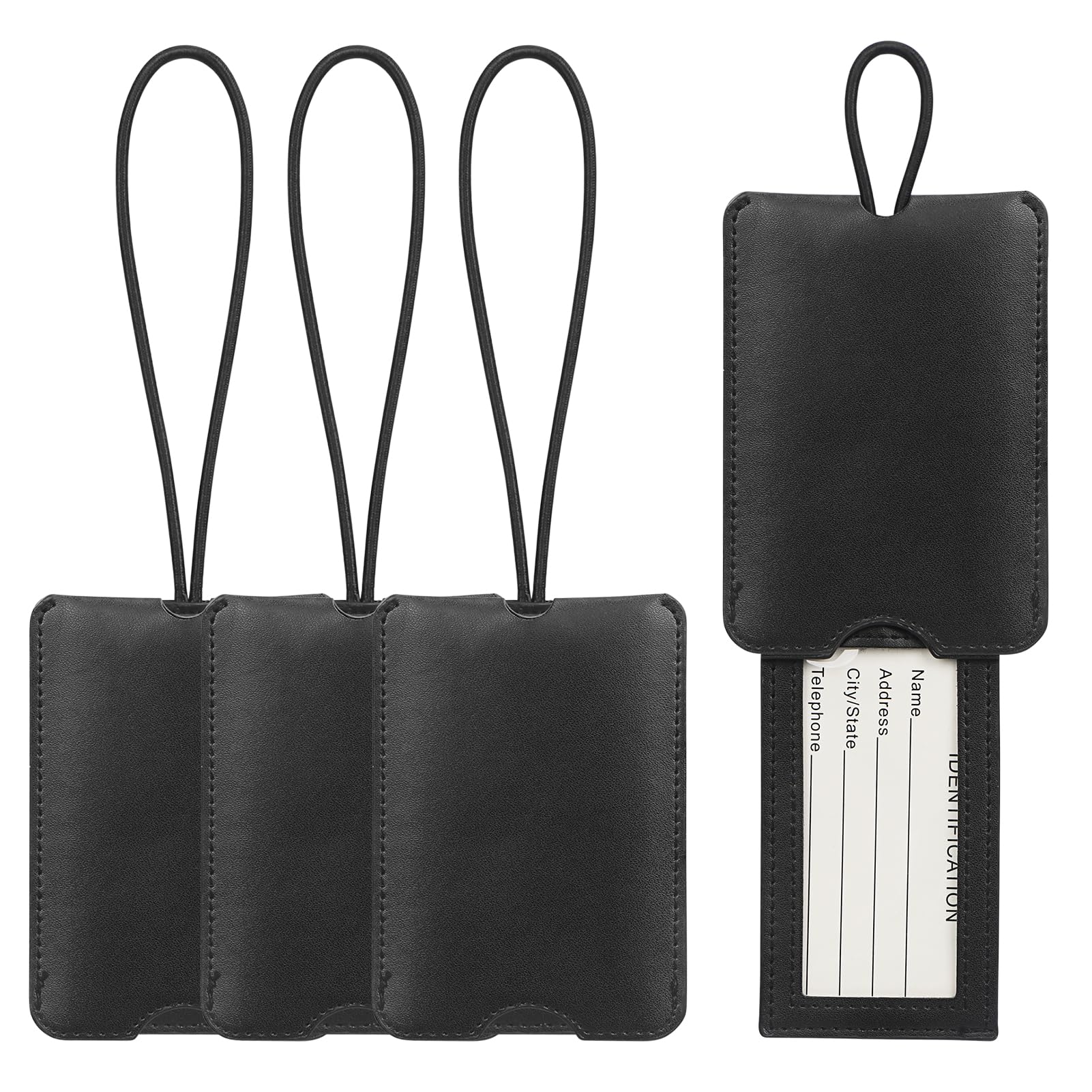 FYY 4 Pack PU Leather Luggage Tags for Suitcases - Durable Travel ID Tags with Privacy Cover for Baggage, Handbag & School Bag (Black) | Perfect for Air Travel, Business Trips & Vacation Packing