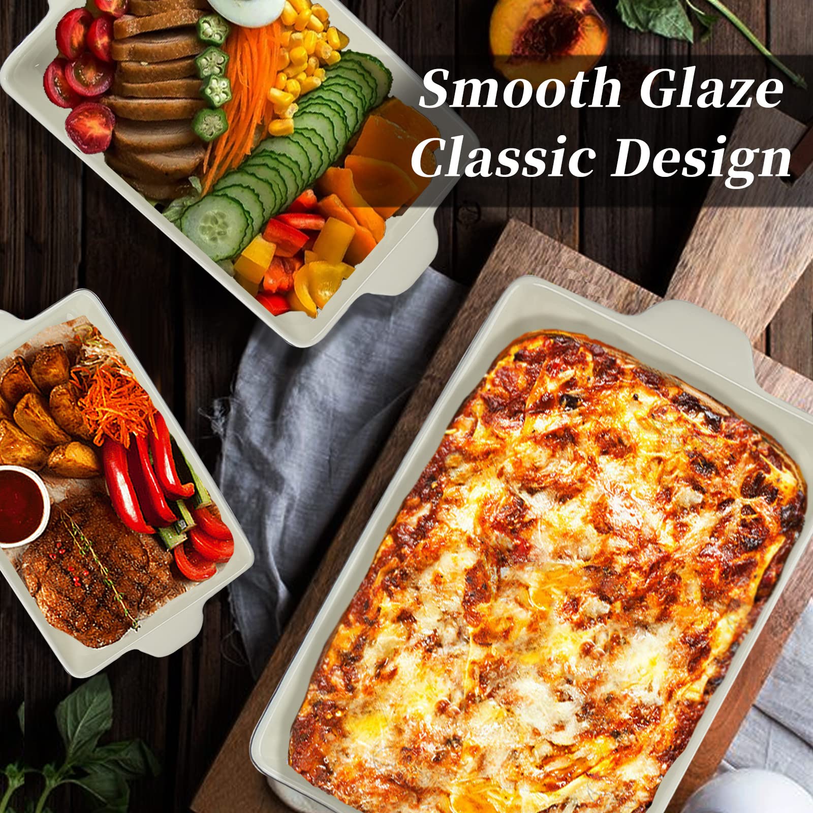 Ceramic Baking Dish Set of 3 - Oven Safe Rectangular Pans with Handles for Cooking & Baking | Perfect for Cakes, Casseroles & Daily Kitchen Use