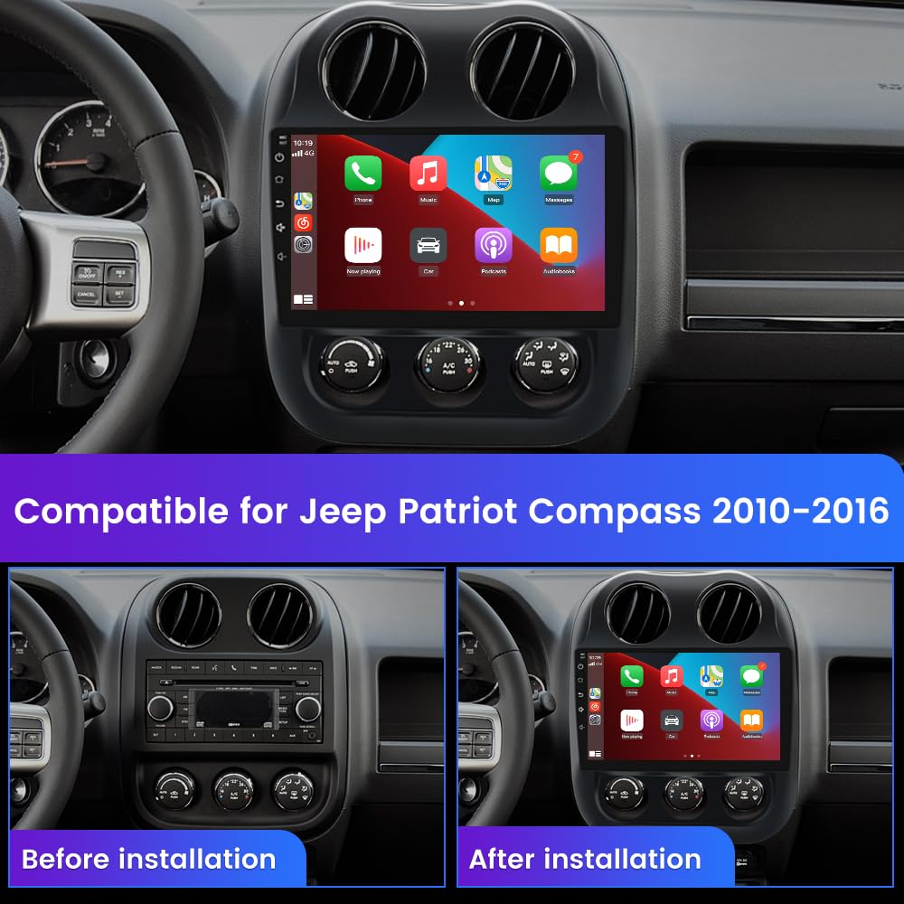10.1 Inch Android 13 Car Stereo with Wireless CarPlay & Android Auto - 2GB RAM 32GB ROM Bluetooth WiFi GPS for 2010-2016 Jeep Patriot & Compass | SWC Mirror Link | Perfect for Road Trips & Daily Commuting