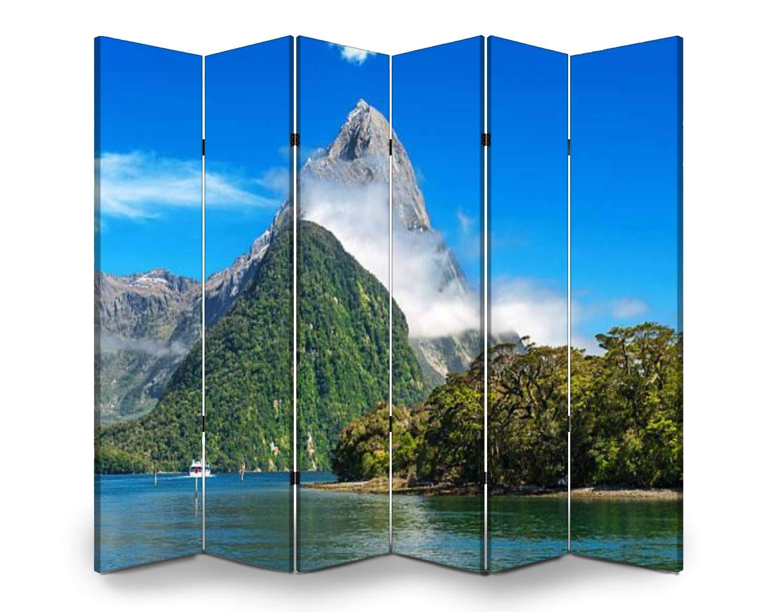 APED DECOR 6-Panel Wooden Room Divider - Milford Sound Folding Privacy Screen with Canvas Panels, Dual-Sided Wall Partition for Home & Office - Perfect for Creating Private Spaces, Room Separation, and Stylish Display Shelves