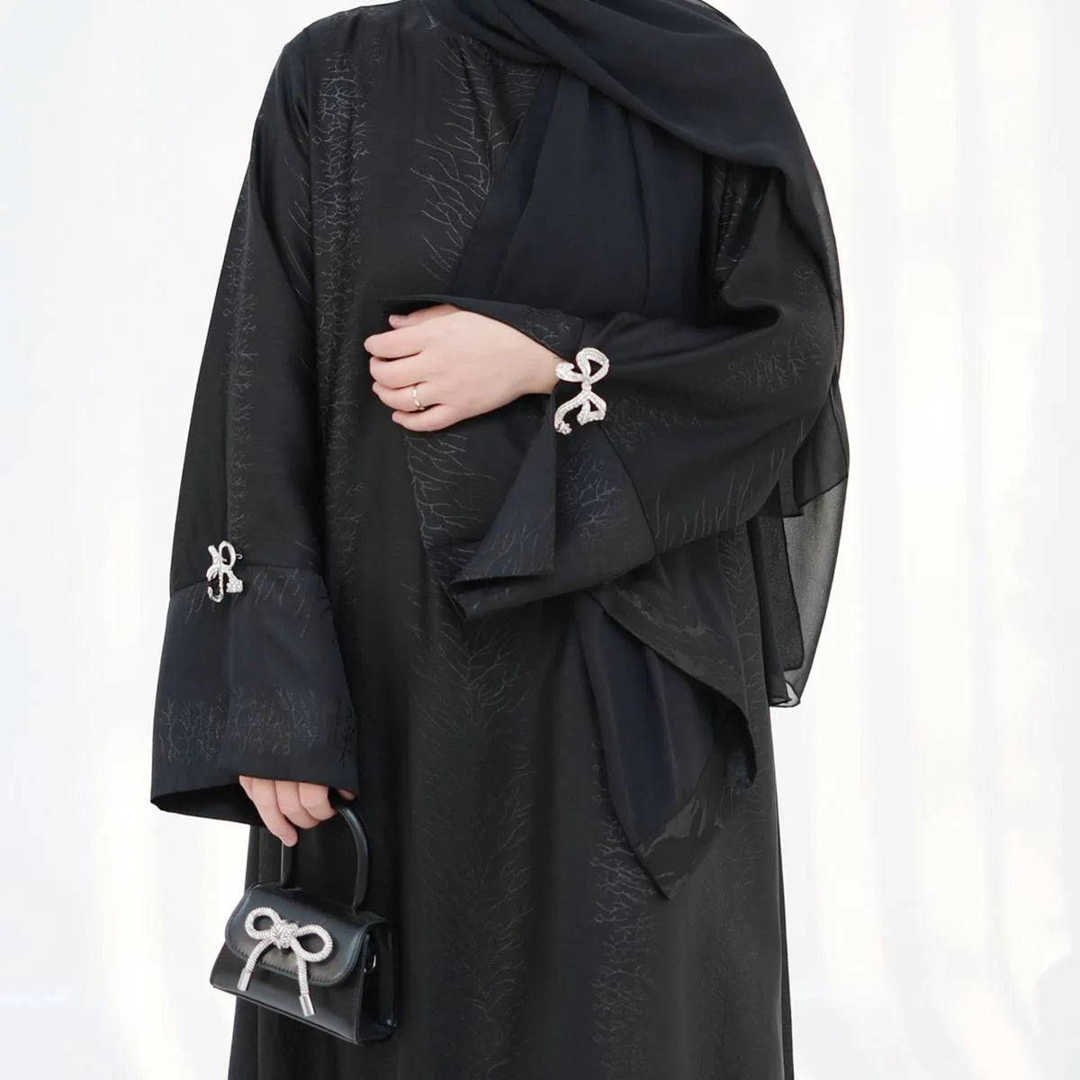 Elegant Jacquard Satin Bow Abaya Dress #25006 - Modest Muslim Women's Prayer Dress for Special Occasions & Daily Wear