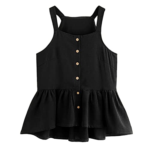 Women's Casual Sleeveless Pleated Ruffle Hem Button Tank Top - Solid Color Blouse for Summer, Workout & Daily Wear (Black, XXL) | Perfect for Office, Gym, and Weekend Outings