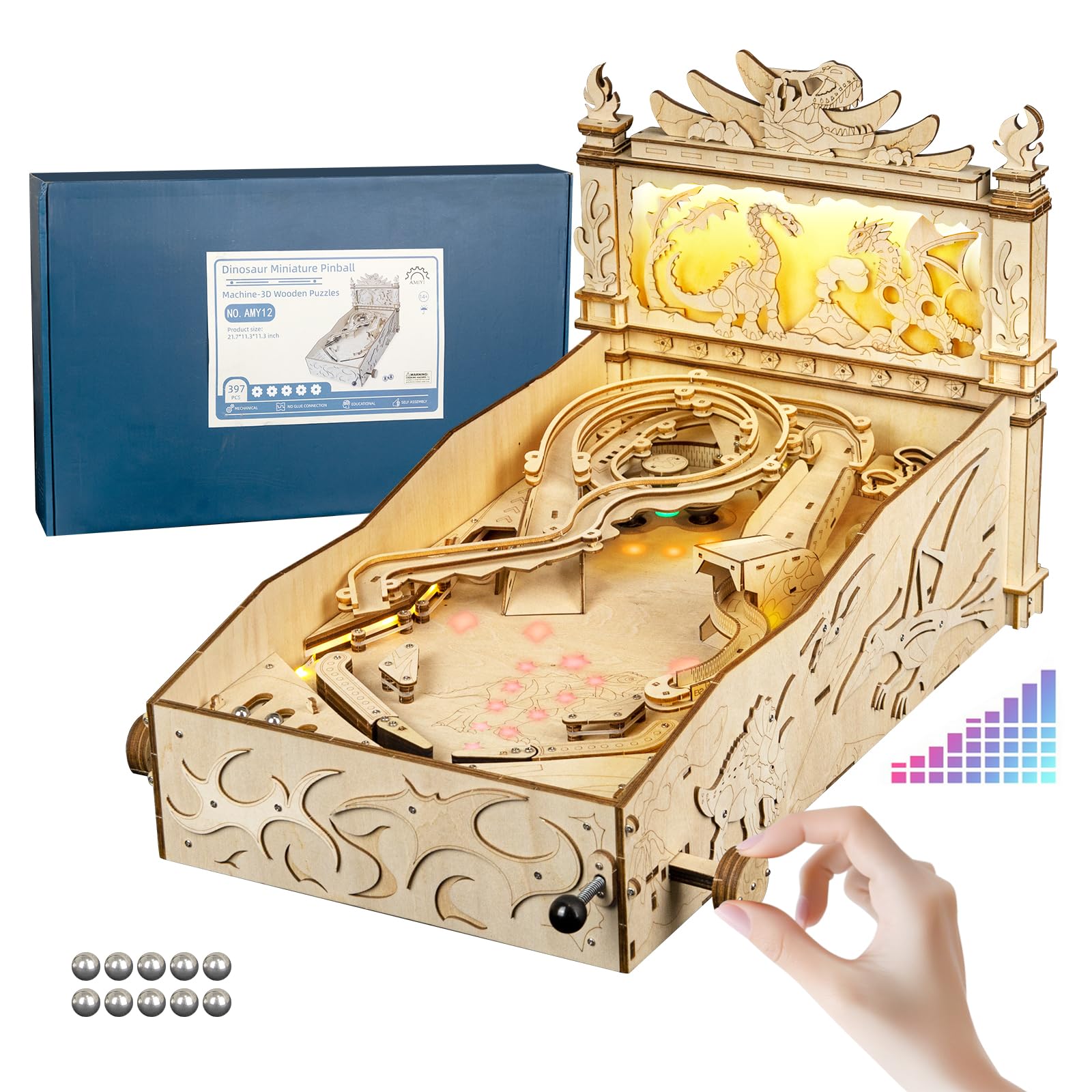 3D Wooden Dinosaur Pinball Machine DIY Kit for Adults & Teens - STEM Building Model with LED Lights & Sound Effects, Creative Gift for Ages 14+ - Fun Tabletop Arcade Game for Home, Office & Game Room Entertainment