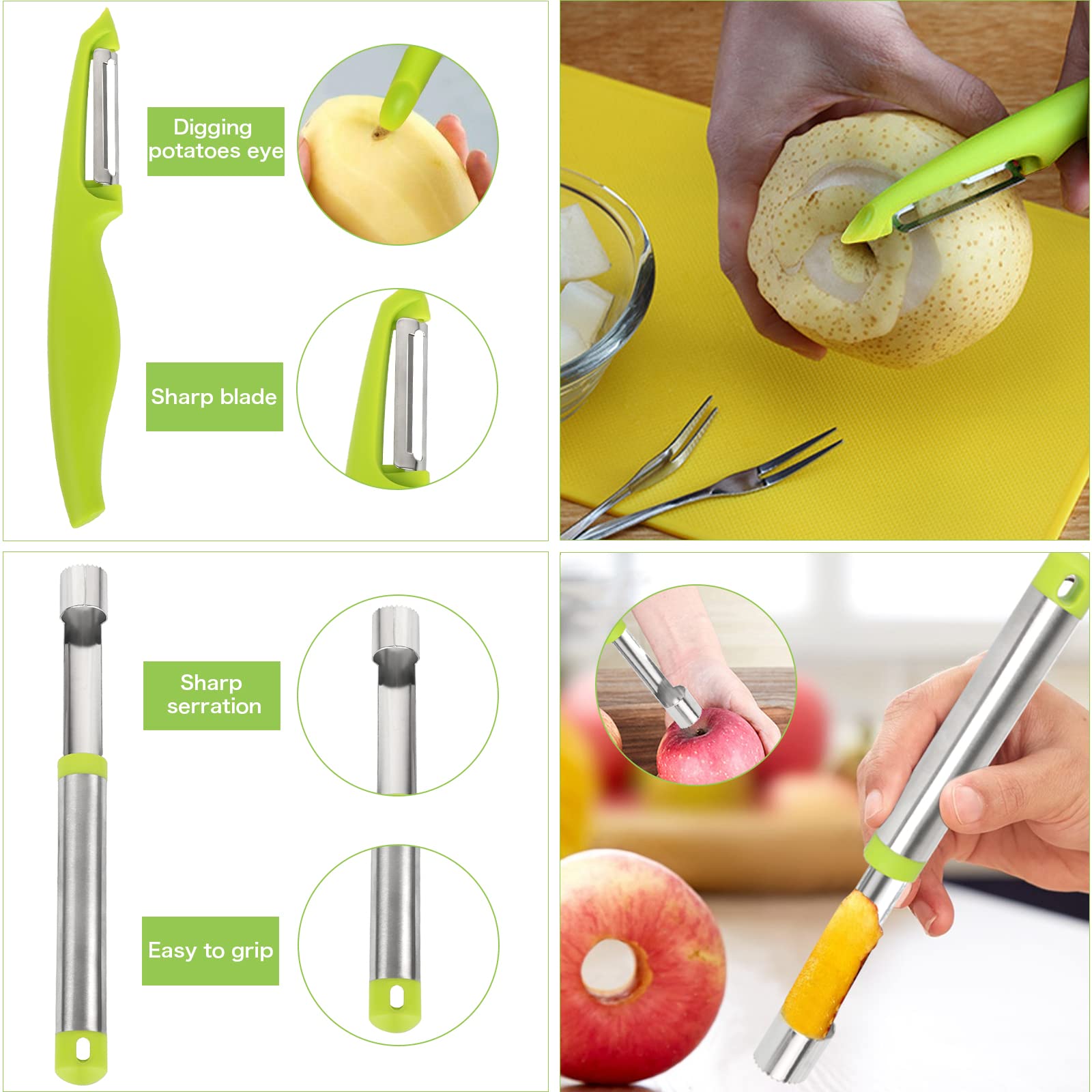 14-Piece Stainless Steel Melon Baller Scoop Set - 4-in-1 Fruit & Vegetable Tool Kit with Seed Remover, Peeler, Cutter & Pulp Separator - Perfect for Fruit Salad, Cocktail Garnishes & Kitchen Prep