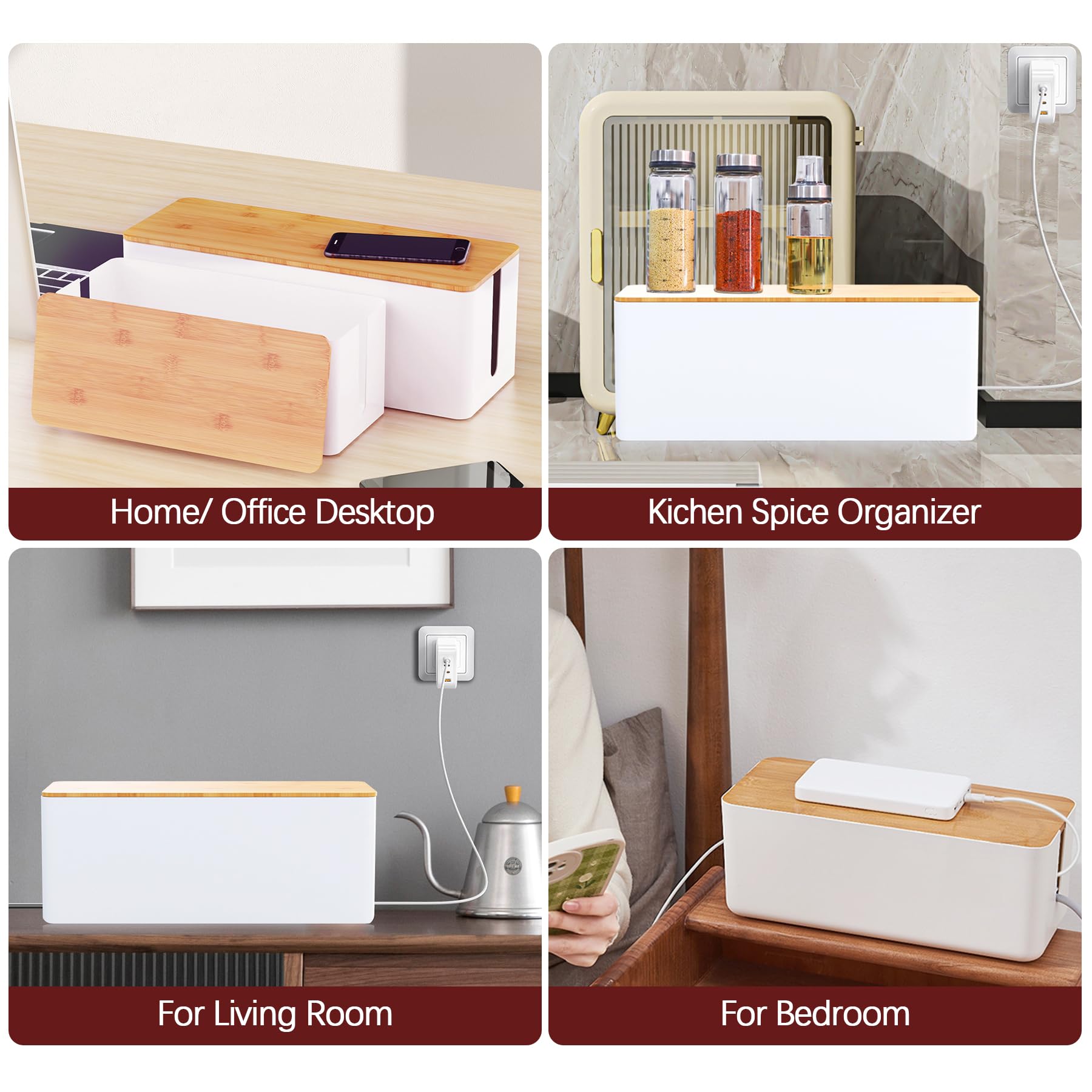 Large Cable Management Box with Locking Wood Lid - Organize Wires for Office & Home, Baby & Pet Proof (White, 1 Pack) - Perfect for Desk, TV Stand & Entertainment Center Cable Organization