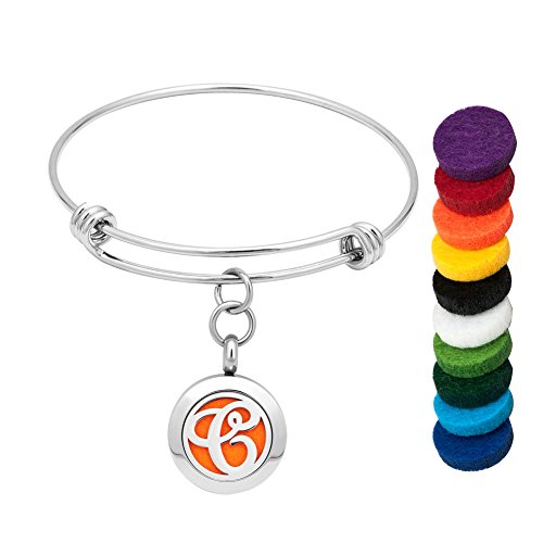 26 Letter Monogram Initial Bracelet - Stainless Steel Aromatherapy Essential Oil Diffuser Bangle with 10 Refill Pads | Personalized Jewelry Gift for Women, Yoga, Meditation & Stress Relief (Letter C)