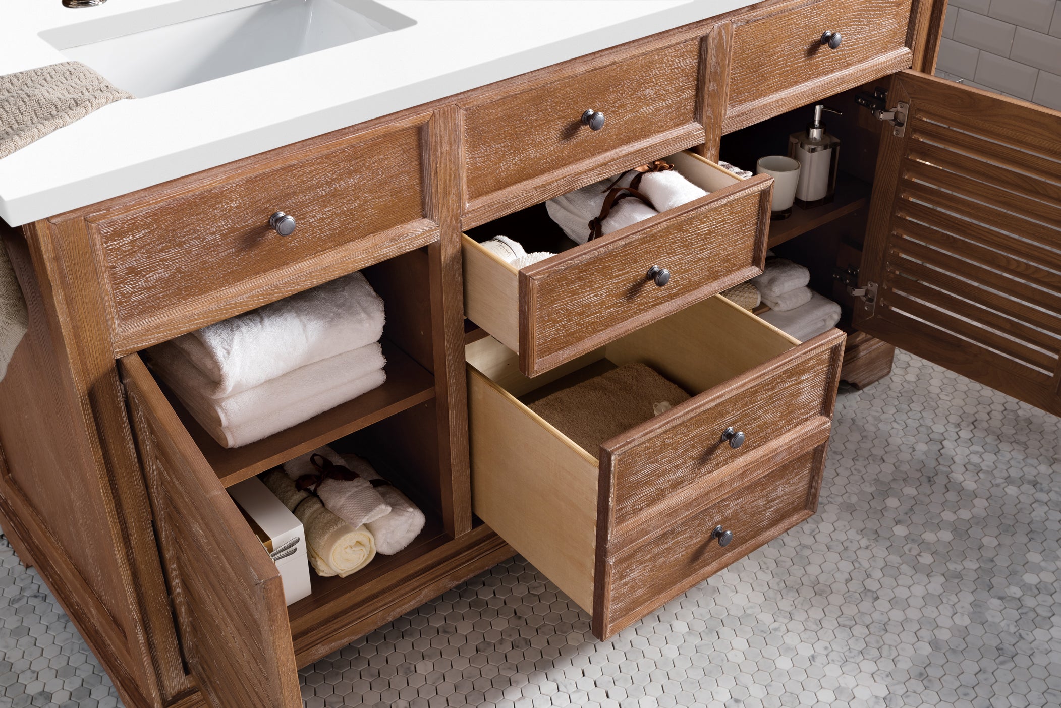Savannah 60 Inch Double Vanity Cabinet with 3CM Classic White Quartz Top - Driftwood Finish for Bathroom Remodeling | Perfect for Master Bath, Guest Bath & Powder Room