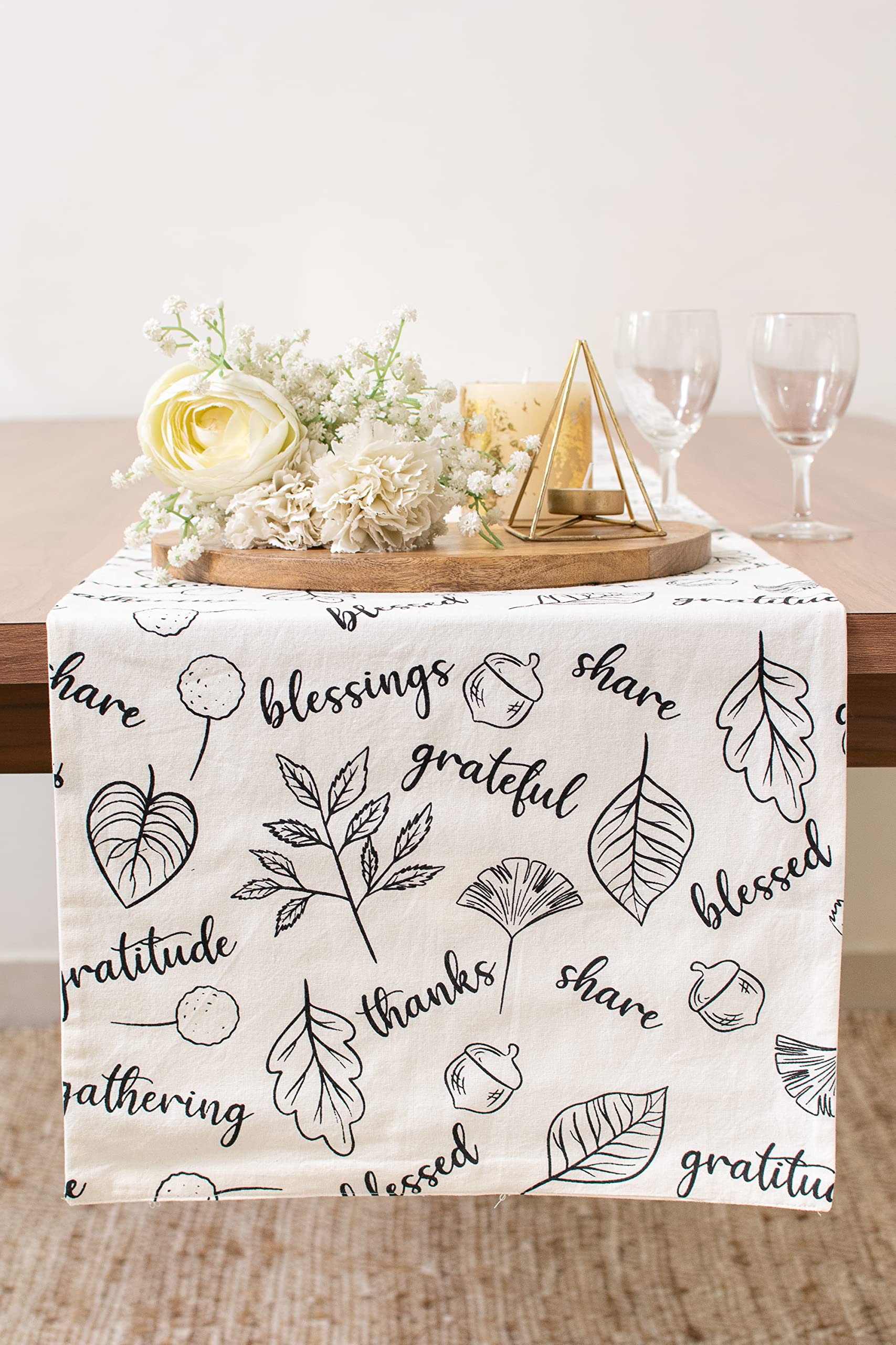 Thanksgiving Table Runner - 14x36 Inch Off-White & Black Dresser Scarf for Dining Table, Kitchen, Buffet - Holiday Decor for Thanksgiving, Christmas, Wedding Party & Home Decor
