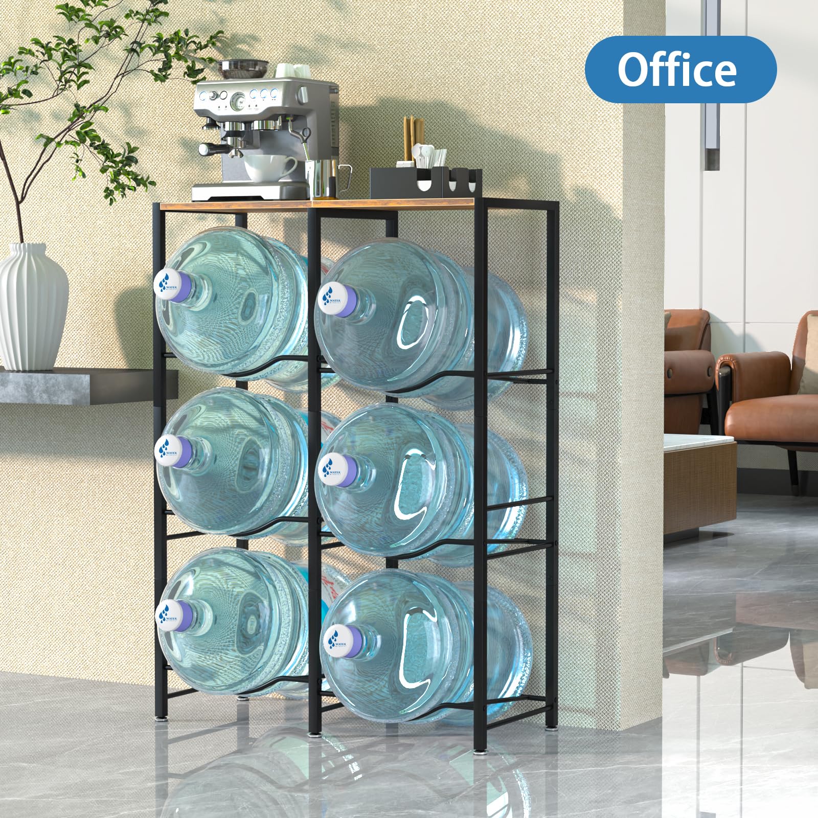 5 Gallon Water Jug Holder with Storage Rack - 3-Tier Water Dispenser Stand for Kitchen, Office, Living Room - Sturdy Brown Water Bottle Organizer for Home & Commercial Use