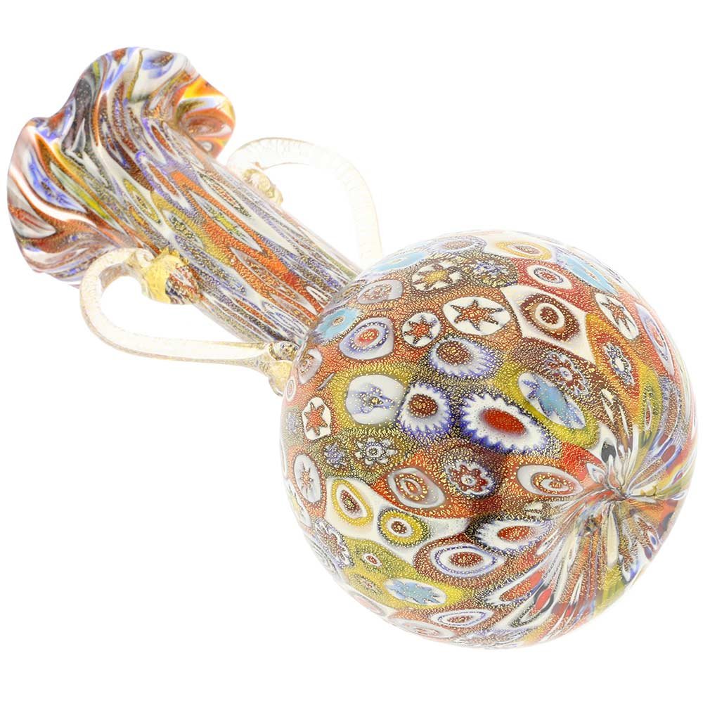Venetian Murano Glass Millefiori Vase with Golden Quilt Pattern & Handles - Elegant Home Decor for Living Room, Dining Table, or Luxury Gift