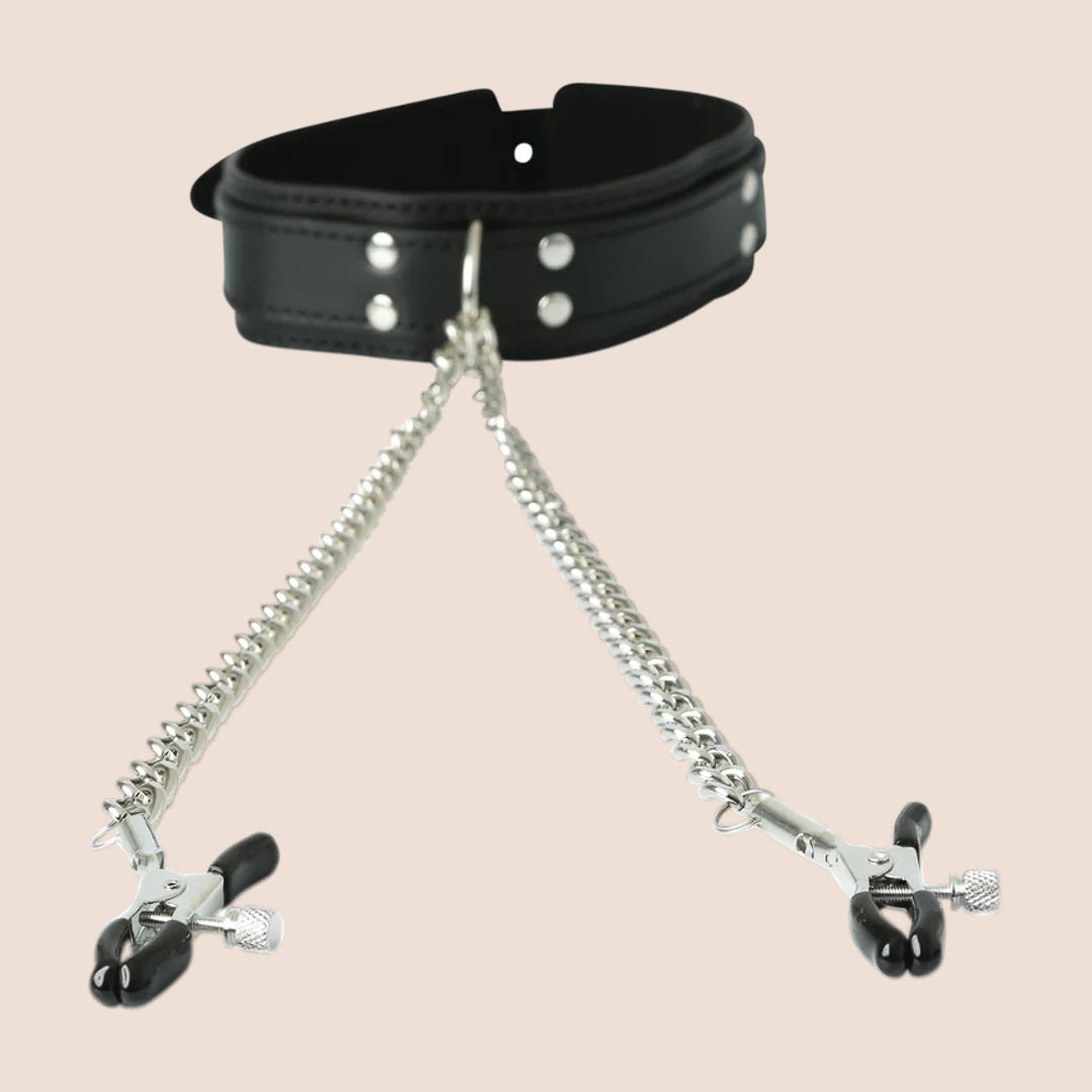 Sex & Mischief Adjustable Leather Collar with Nipple Clamps - BDSM Bondage Gear for Couples Play & Sensual Exploration