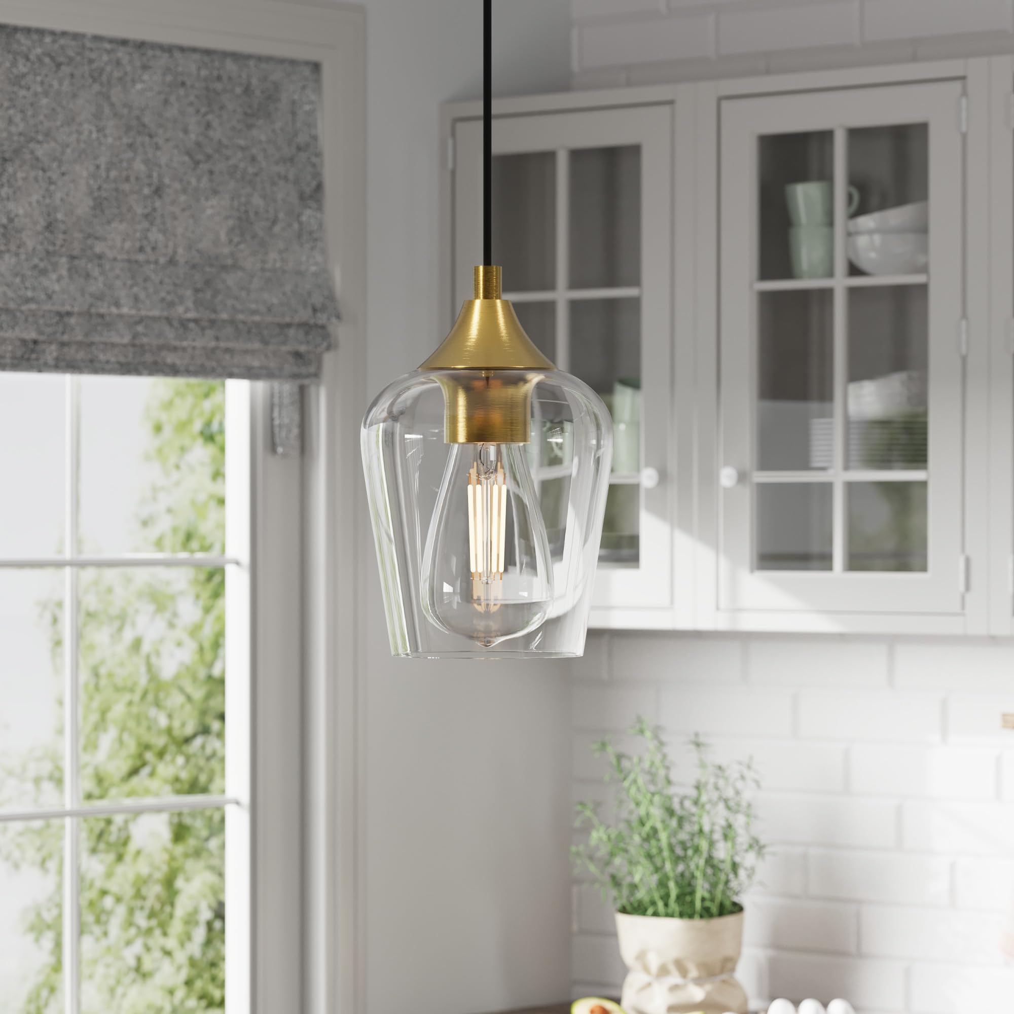 VONLUCE Modern Brushed Gold Pendant Light Fixture with Glass Shade & Adjustable Cable - E26 Base Kitchen Island Lighting for Living Room, Bedroom, Hallway - Perfect for Dining Areas, Entryways, and Home Decor