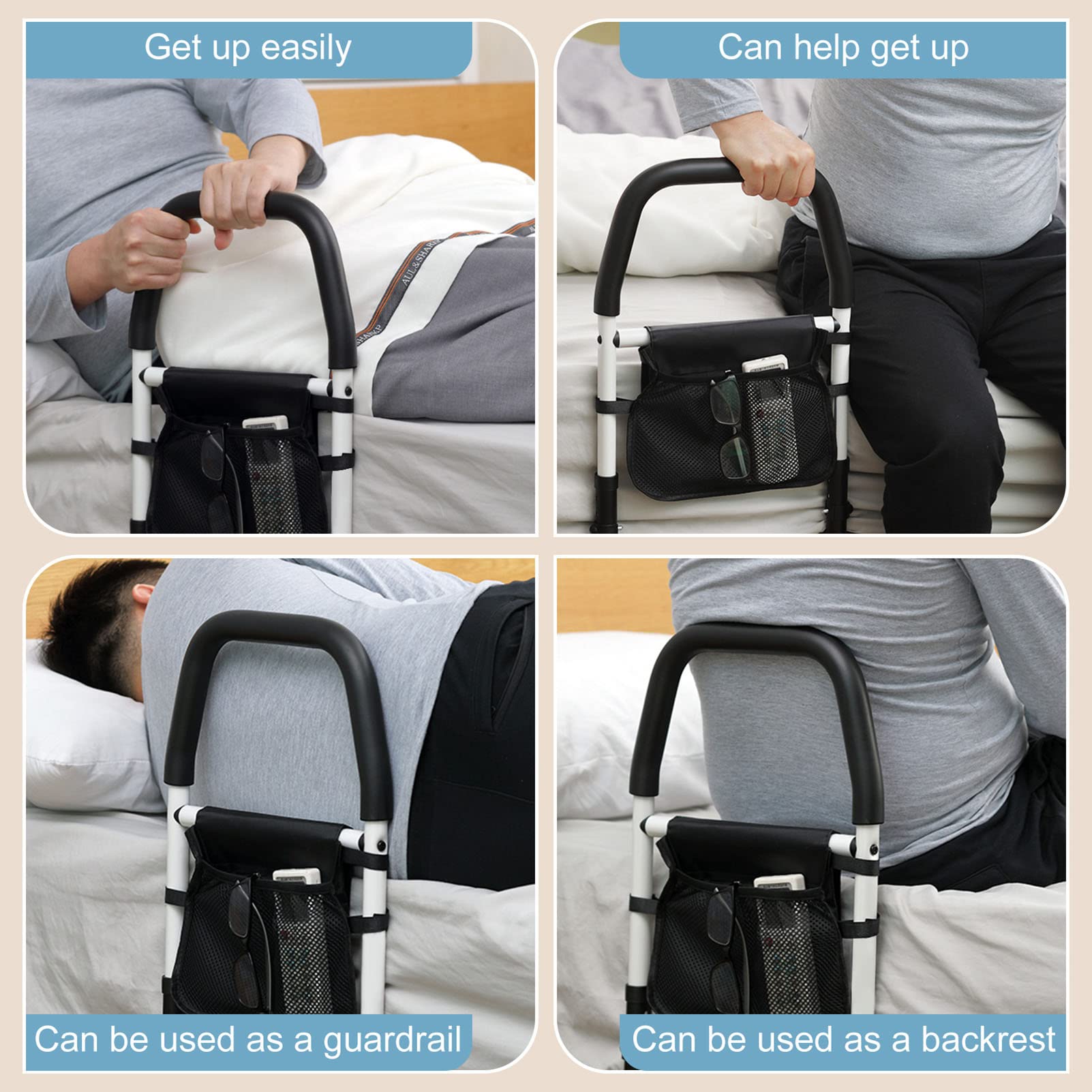 Elderly Bedside Guardrail - Adjustable Bed Safety Rail for Seniors & Adults with Storage Pocket - Bed Assist Grab Bar Handle for Fall Prevention - Perfect for Home Care, Hospitals & Assisted Living Facilities
