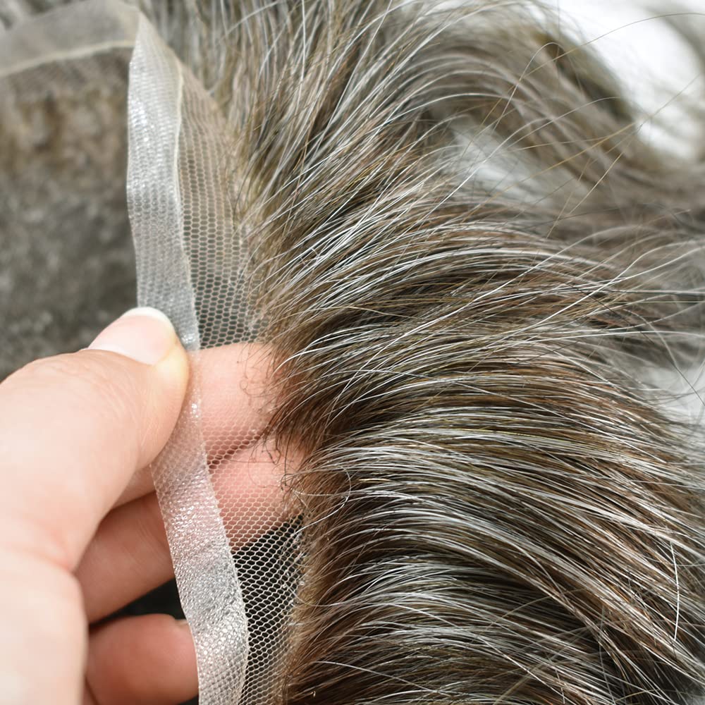 100% European Real Human Hair Swiss Lace Front Toupee for Men - Medium Brown with 50% Gray - 8x10 Inch - 100% Density - Bleached Knots - Natural Hair Replacement System for Thinning Hair & Baldness - Perfect for Daily Wear, Special Occasions & Confidence Boost