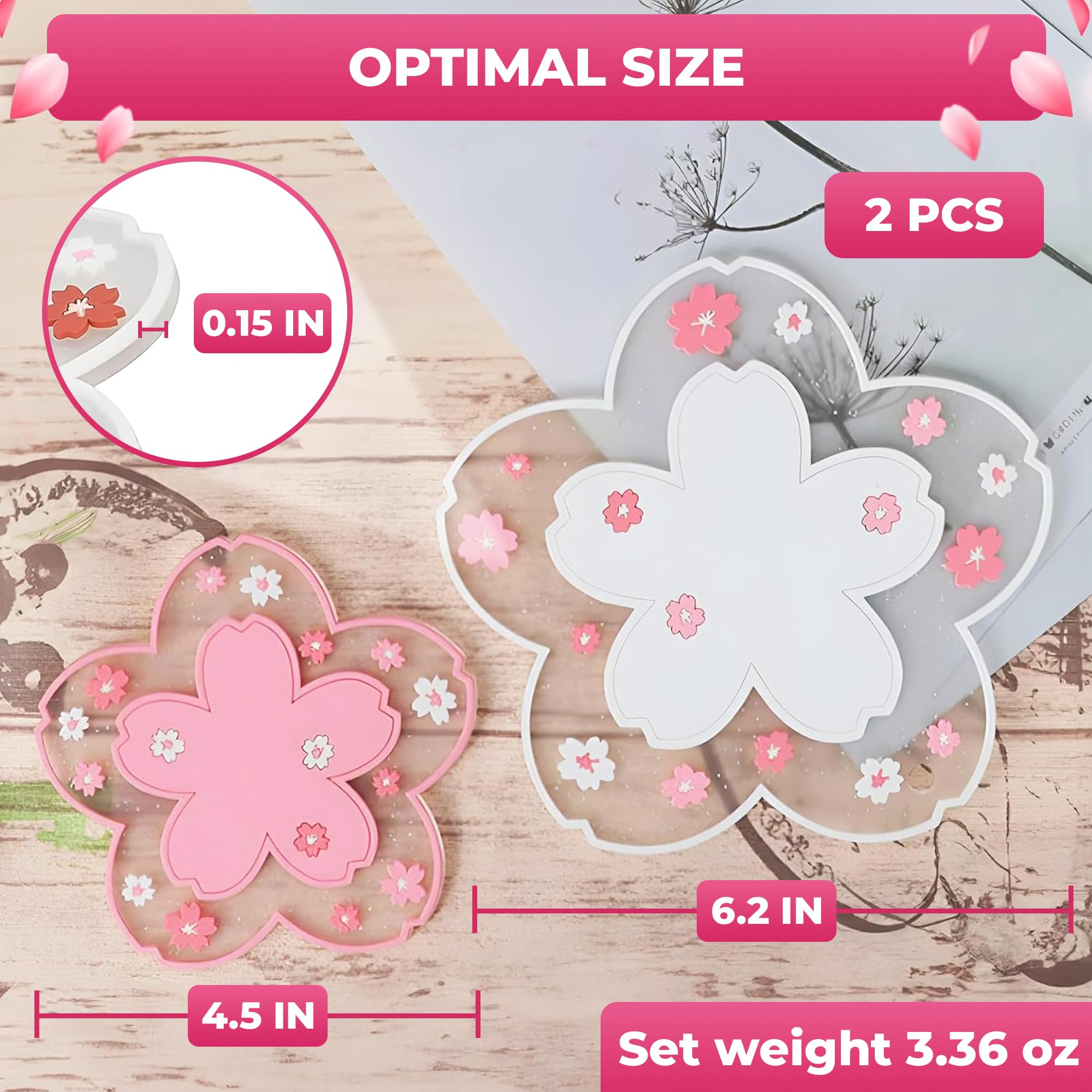 2Pcs Cherry Blossom Coasters Set - Heat Resistant Non-Slip Clear Cup Mats for Coffee Table Decor | Perfect for Home, Office, Bar & Gift Giving | Protect Your Furniture from Hot & Cold Drinks