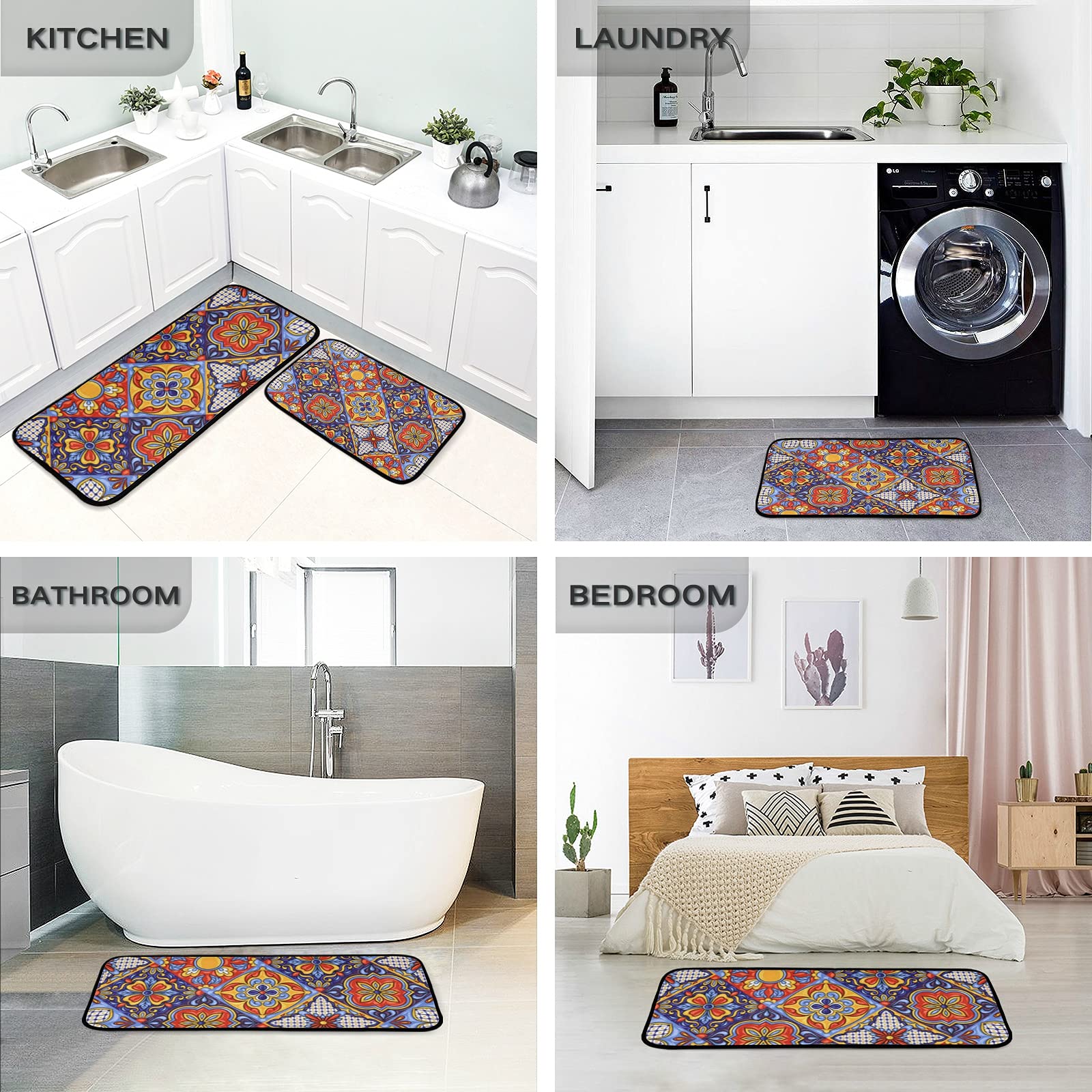 Mexican Talavera Ceramic Tile Pattern Kitchen Rugs Set - 2 Piece Cushioned Anti-Fatigue Non-Slip Washable Mats for Farmhouse, Bathroom Sink, Office & Home Decor - Perfect for Kitchens, Entryways and Laundry Rooms