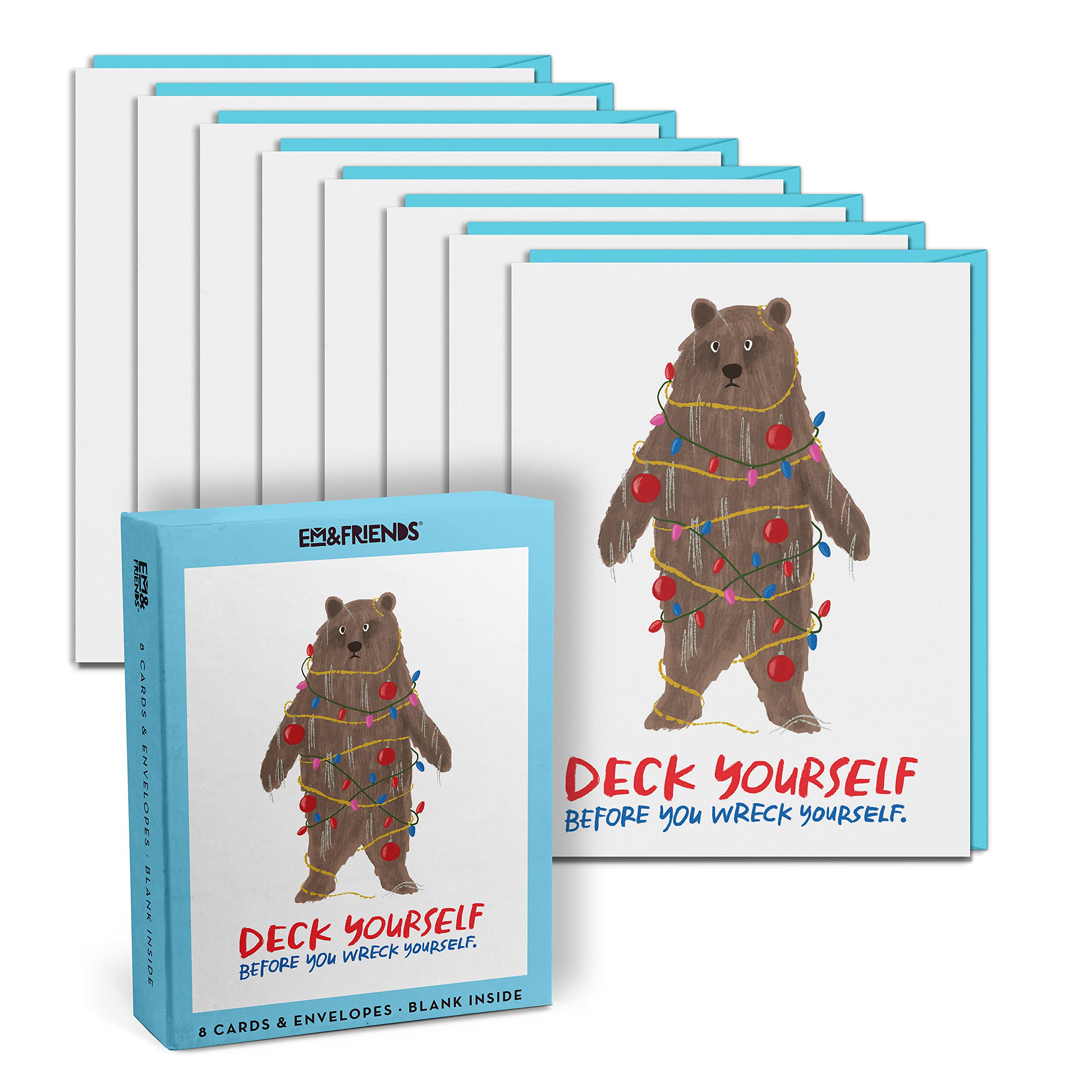 Em & Friends Deck Yourself Bear Christmas Cards - Box of 8 Funny Holiday Greeting Cards with Envelopes (2-02892) | Perfect for Office Exchanges, Family Gatherings & Festive Celebrations
