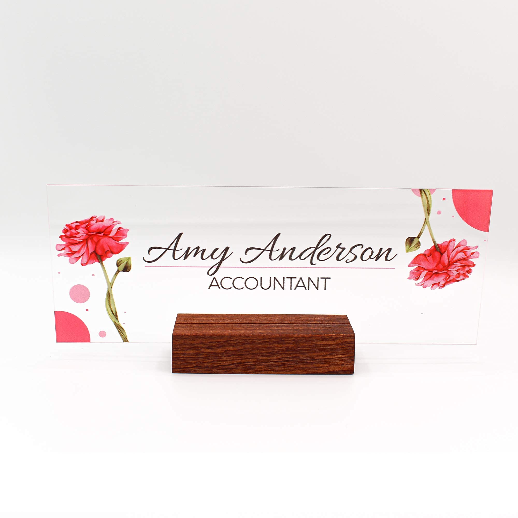 Custom Engraved Business Desk Name Plate - Personalized Office Name Sign with Pink Floral Design for Professional Workspaces & Home Offices