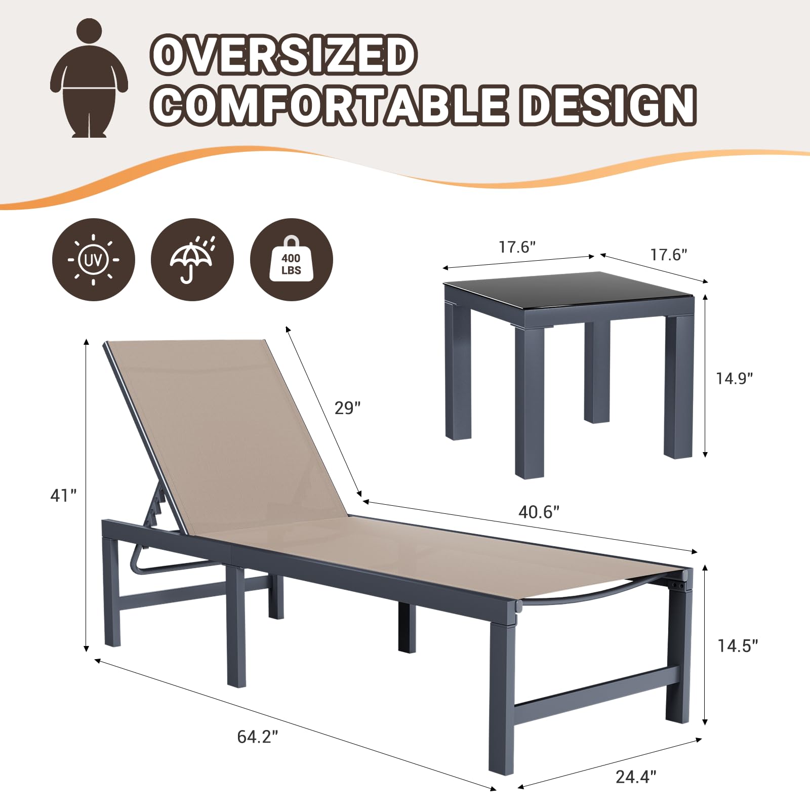 Amopatio 3-Piece Patio Chaise Lounge Set with Side Table - 24.4