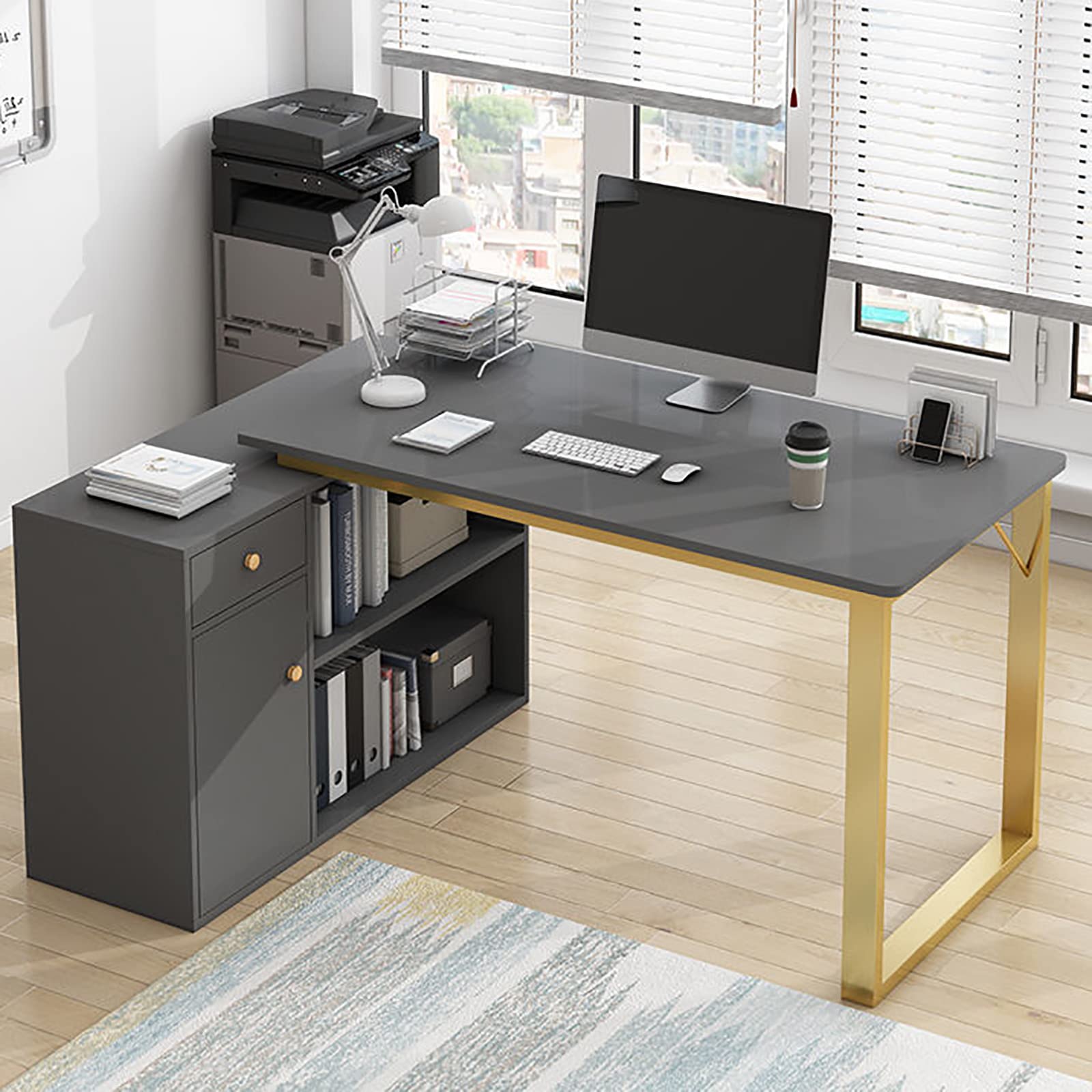 Modern Minimalist Corner Desk - Black & Gold Frame Computer Desk for Home Office, Bedroom, or Student Study - 120A Writing Desk for Small Spaces & Compact Workstations