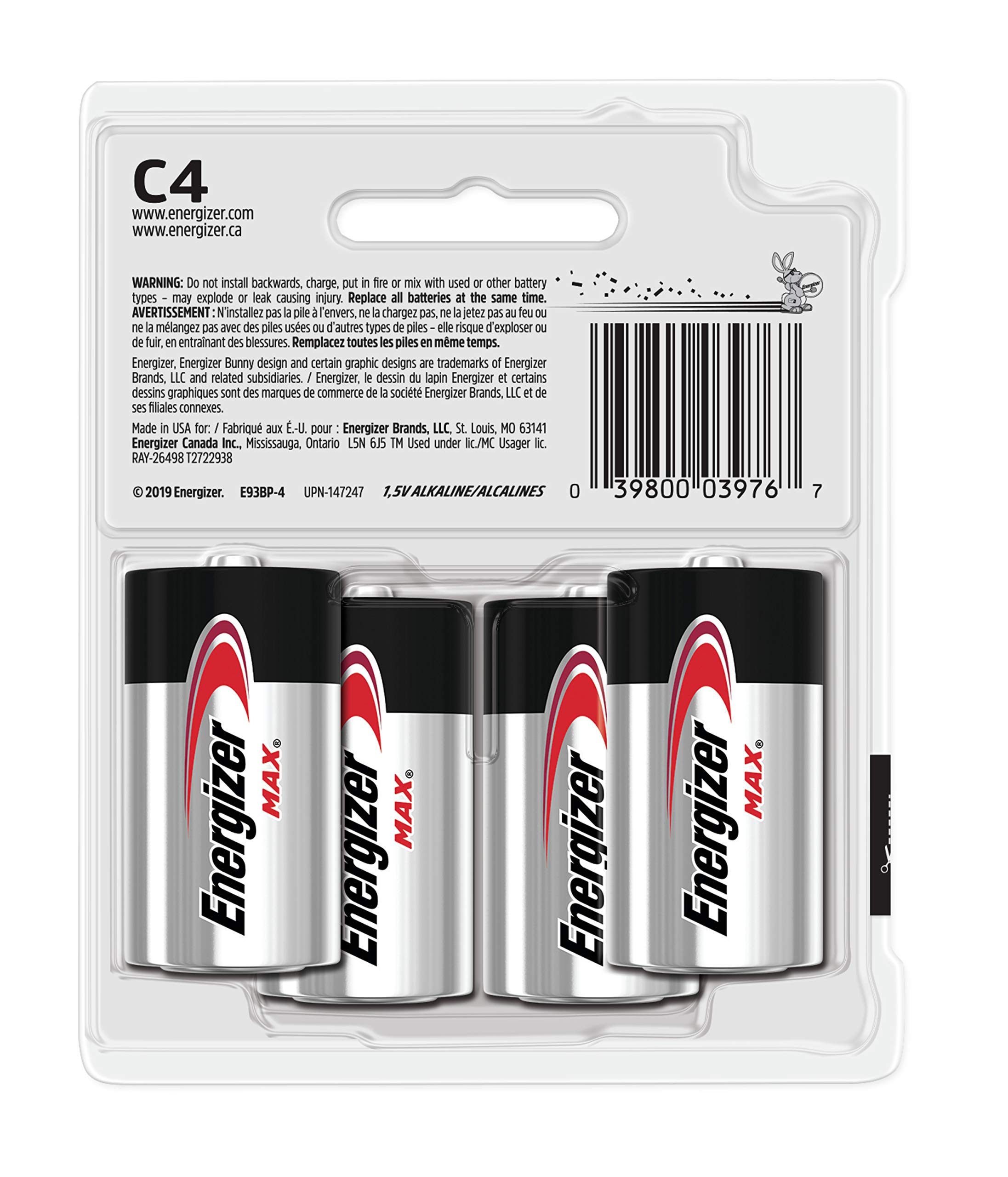 Energizer Max C Batteries (4-Pack) - Premium Alkaline C Cell Batteries for Long-Lasting Power - Ideal for Flashlights, Toys, Clocks & Electronic Devices