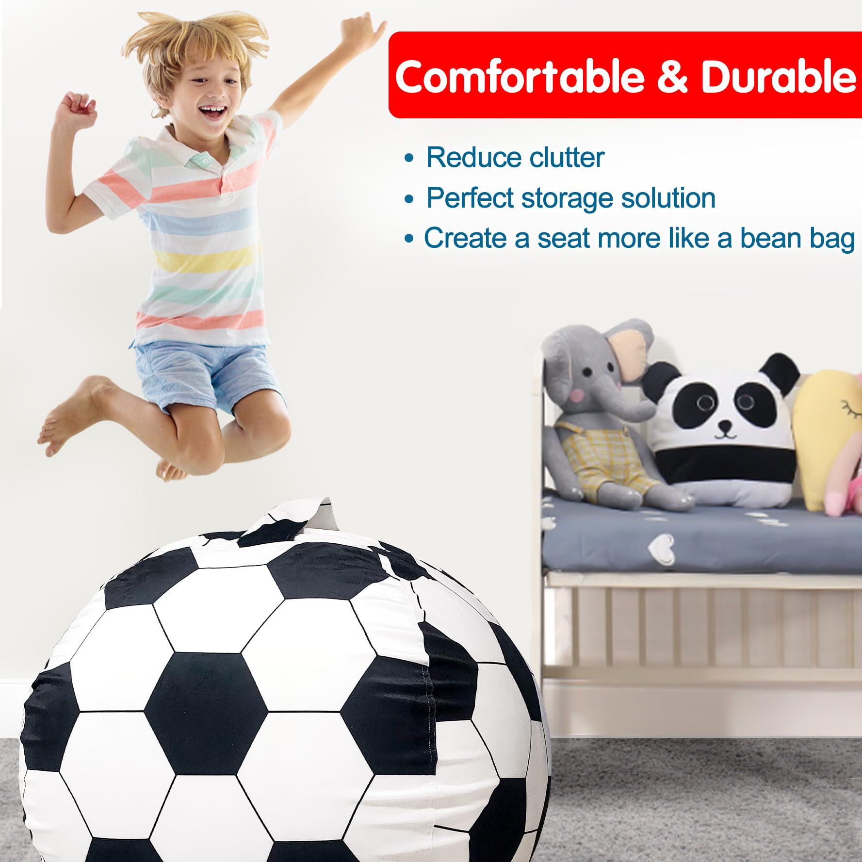 Lukeight Large Soccer Stuffed Animal Storage Bean Bag Chair Cover for Kids - Organize Plush Toys in Toddler & Kids' Rooms - Perfect for Playrooms, Bedrooms, and Daycare Centers (Soccer Design, Large Size)
