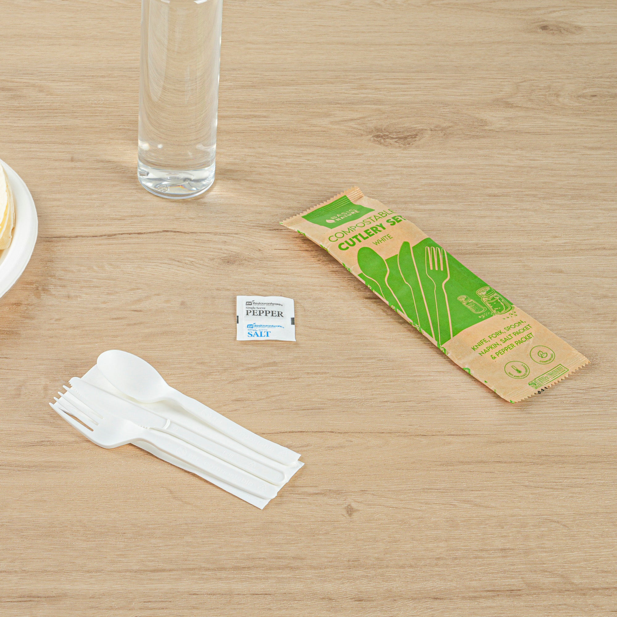 Eco-Friendly Compostable White PLA Plastic Cutlery Set with Napkins & Salt/Pepper Packets - 500 Count Box (6.25