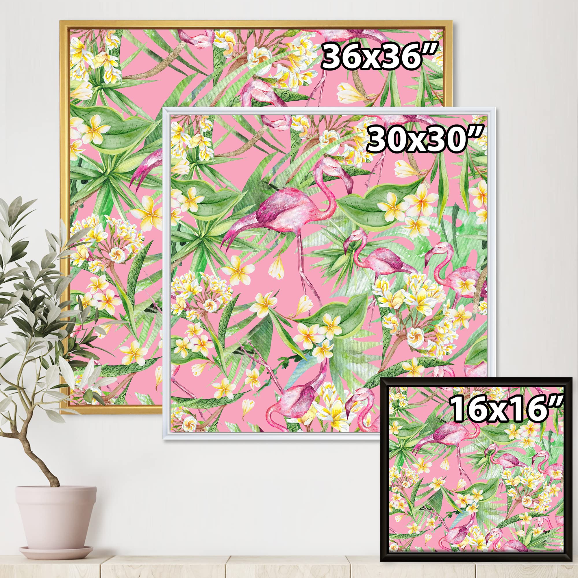 DesignQ Tropical Foliage & Yellow Flowers With Flamingo III - Modern Framed Canvas Wall Art Print for Living Room, Bedroom & Office Decor