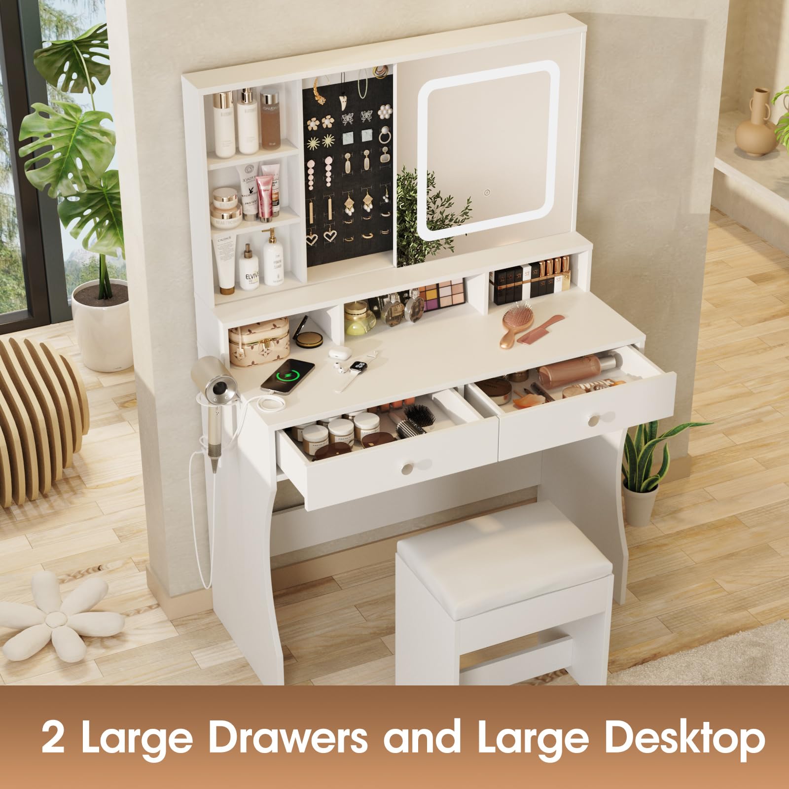 Vabches White Vanity Desk with LED Lights & Mirror - Makeup Dressing Table with Sliding Mirror, Jewelry Storage & 2 Drawers - Perfect for Bedroom, Dressing Room & Home Beauty Station