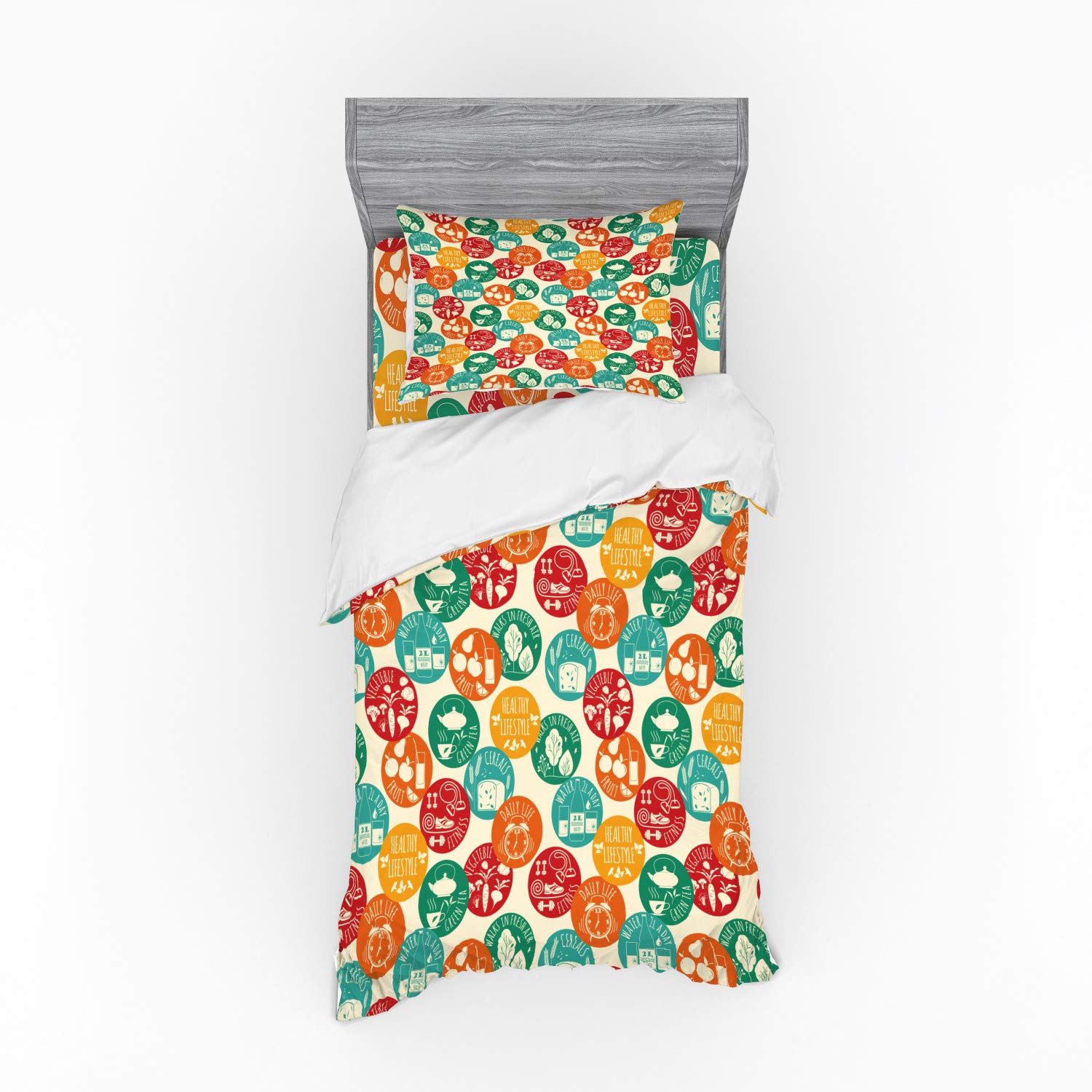 Ambesonne Fitness Duvet Cover Set - Colorful Sporty Design with Green Tea Cereals & Retro Water Walks Pattern, 3-Piece Twin Size Bedding Set with Pillow Sham & Fitted Sheet | Perfect for Athletes' Bedrooms, Gym Enthusiasts & Sporty Home Decor