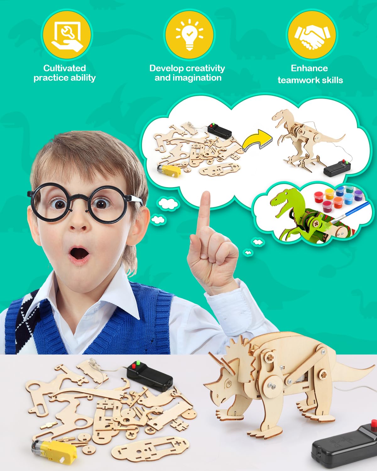 Poraxy 4-in-1 STEM Dinosaur Toys Kit - Educational Wooden Robot Building Puzzles for Kids Ages 7-13 - Science Learning Projects & Creative Crafts - Perfect Birthday Gifts for Boys & Girls - Fun for Classroom STEM Activities & Family Bonding Time