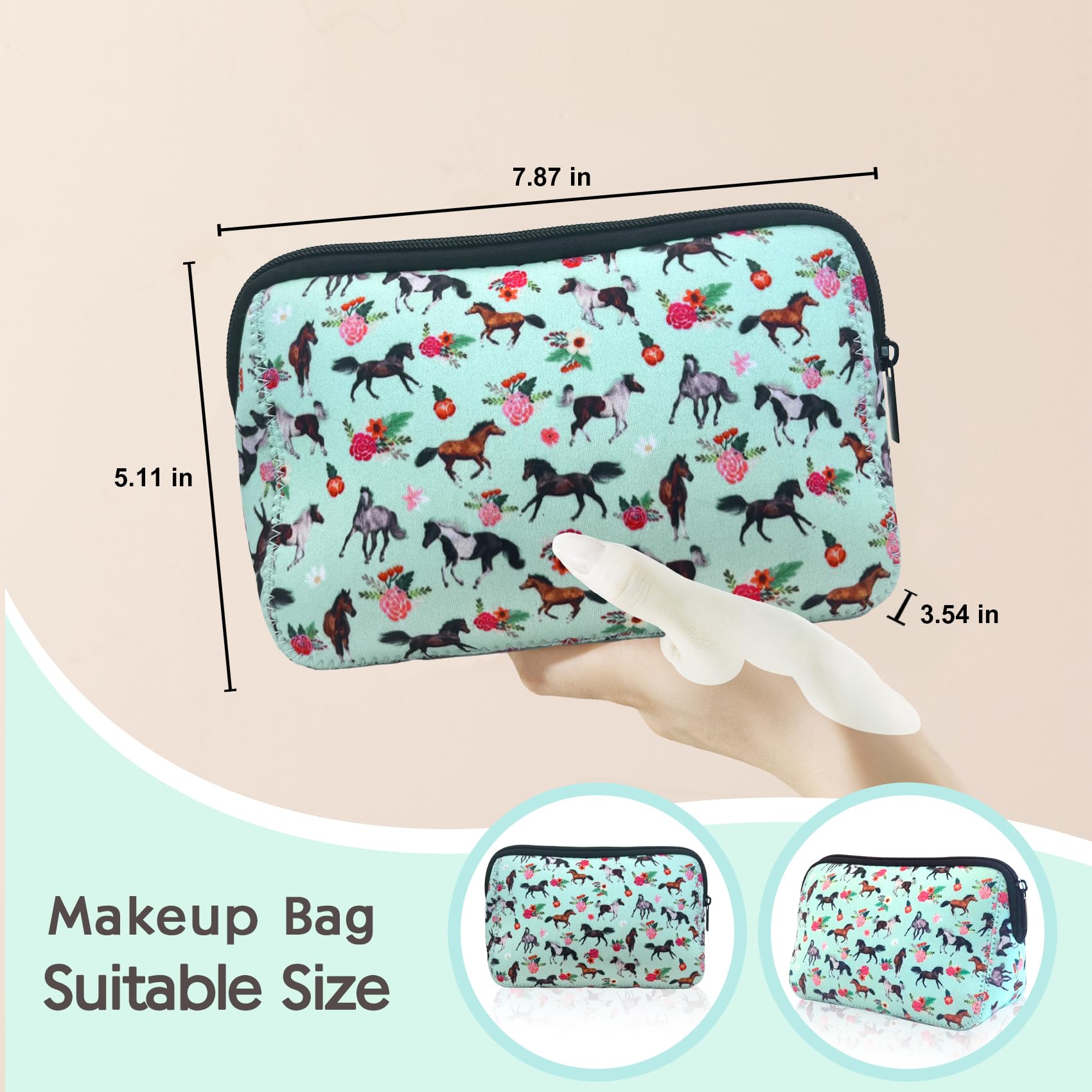 Waterproof Neoprene Makeup Bag for Women - Cute Horse Print Cosmetic Pouch with Zipper, Portable Travel Toiletry Organizer for Purse - Perfect Gift for Teacher, Mom, Sister & Girlfriend - Great for Travel, Gym & Daily Beauty Essentials