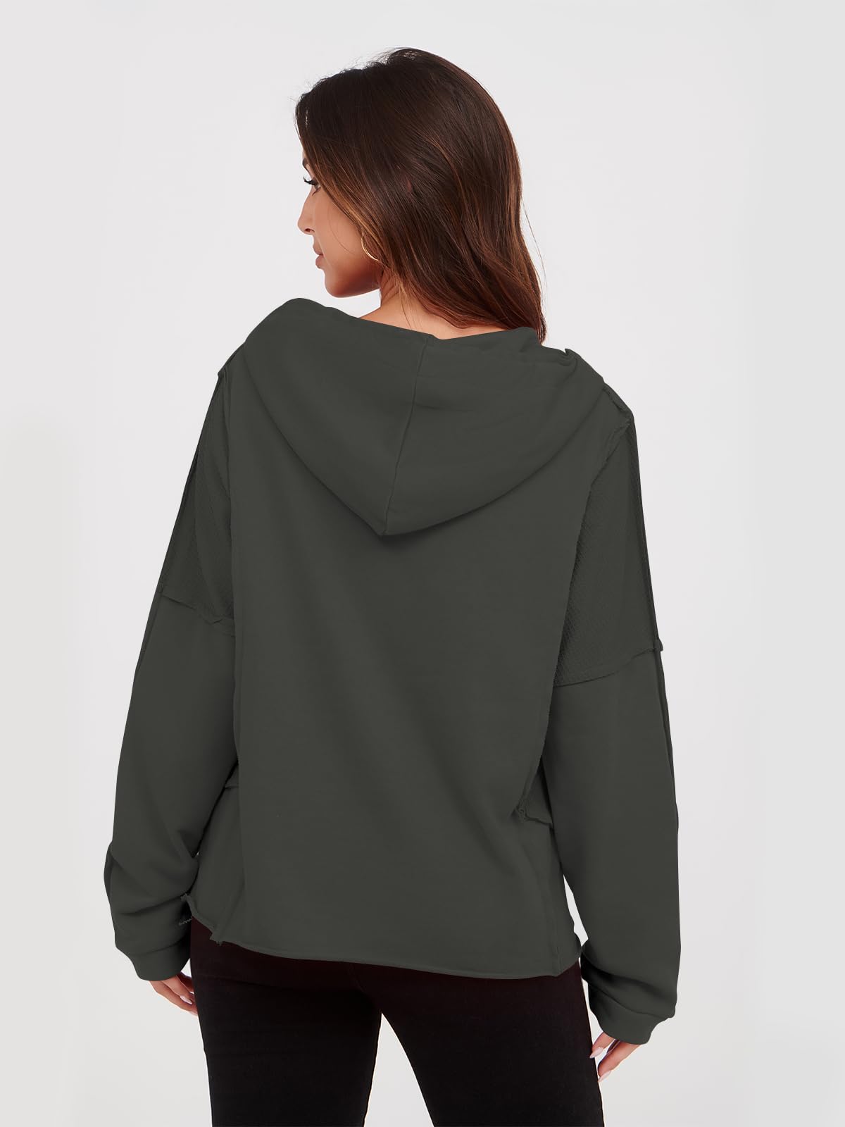 Poetsky Women's Casual V-Neck Waffle Knit Patchwork Hoodie - Loose Fit Long Sleeve Oversized Pullover Sweatshirt with Pocket | Cozy Fall & Winter Layering, Streetwear Fashion, Lounge Wear