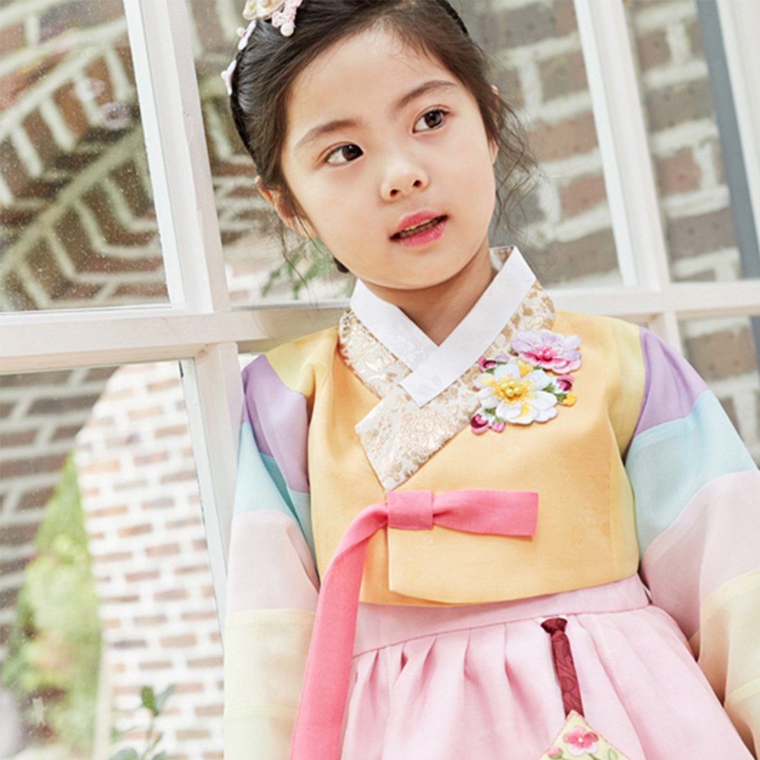Korean Hanbok Traditional Dress for Baby Girls - Ivory Rainbow Top & Pink Skirt | Korean Cultural Events, First Birthday Doljanchi, Photoshoot Costume