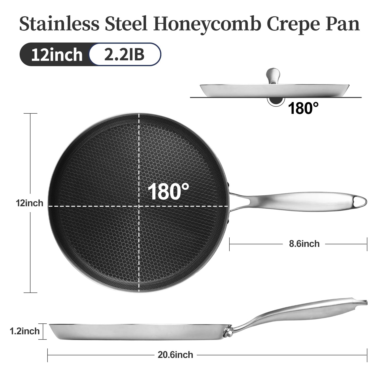 12 Inch Stainless Steel Crepe Pan - Nonstick Honeycomb Coating Pancake Griddle for Crepes, Tortillas, Dosa & More | Induction Compatible & PFOA Free | Perfect for Breakfast, Brunch & Home Cooking