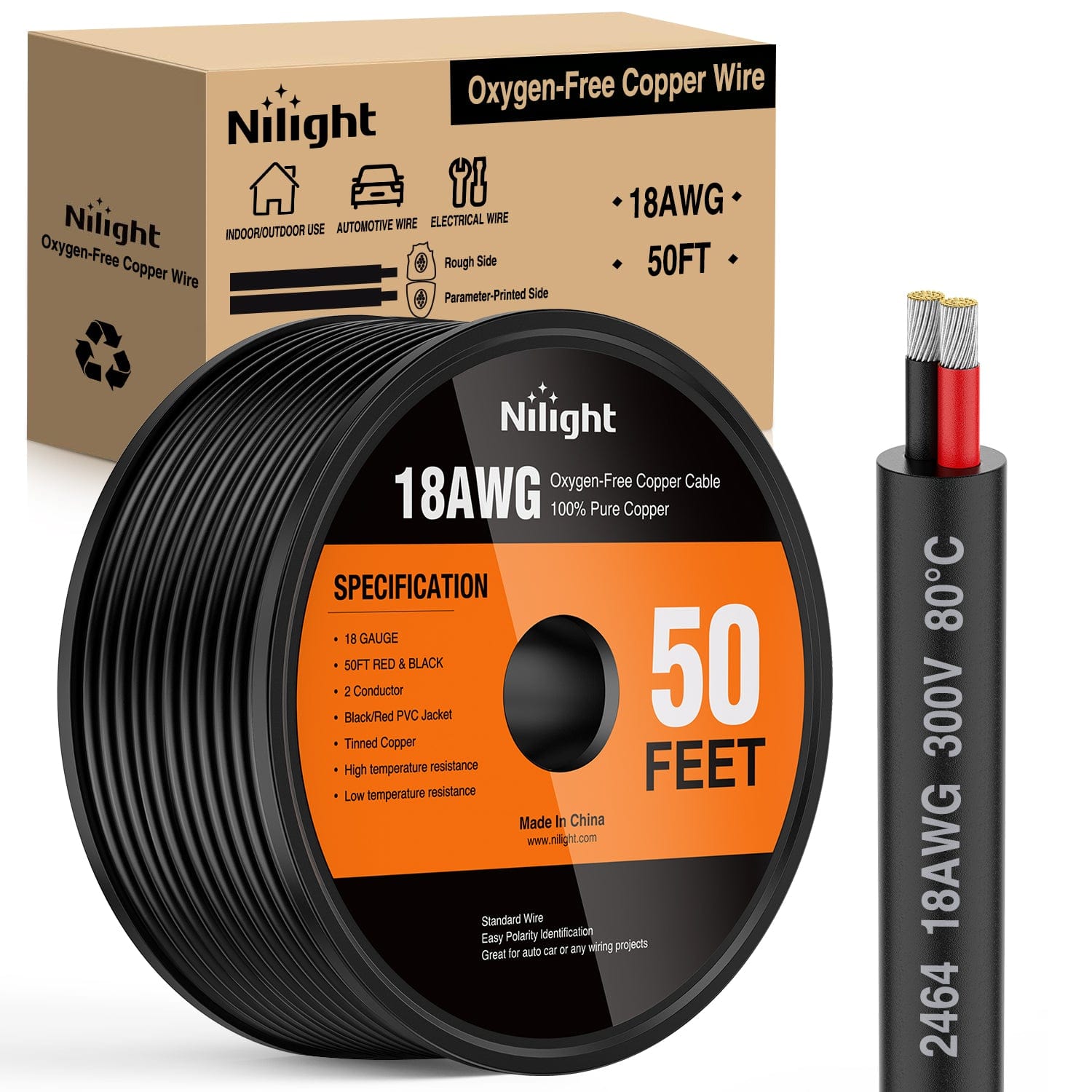50FT 18AWG Oxygen Free Copper Wire - Red & Black Stranded PVC Electrical Cord - 2 Conductor Parallel 300V DC Flexible Extension Cable for Home Audio, Car Stereo, and DIY Electronics Projects