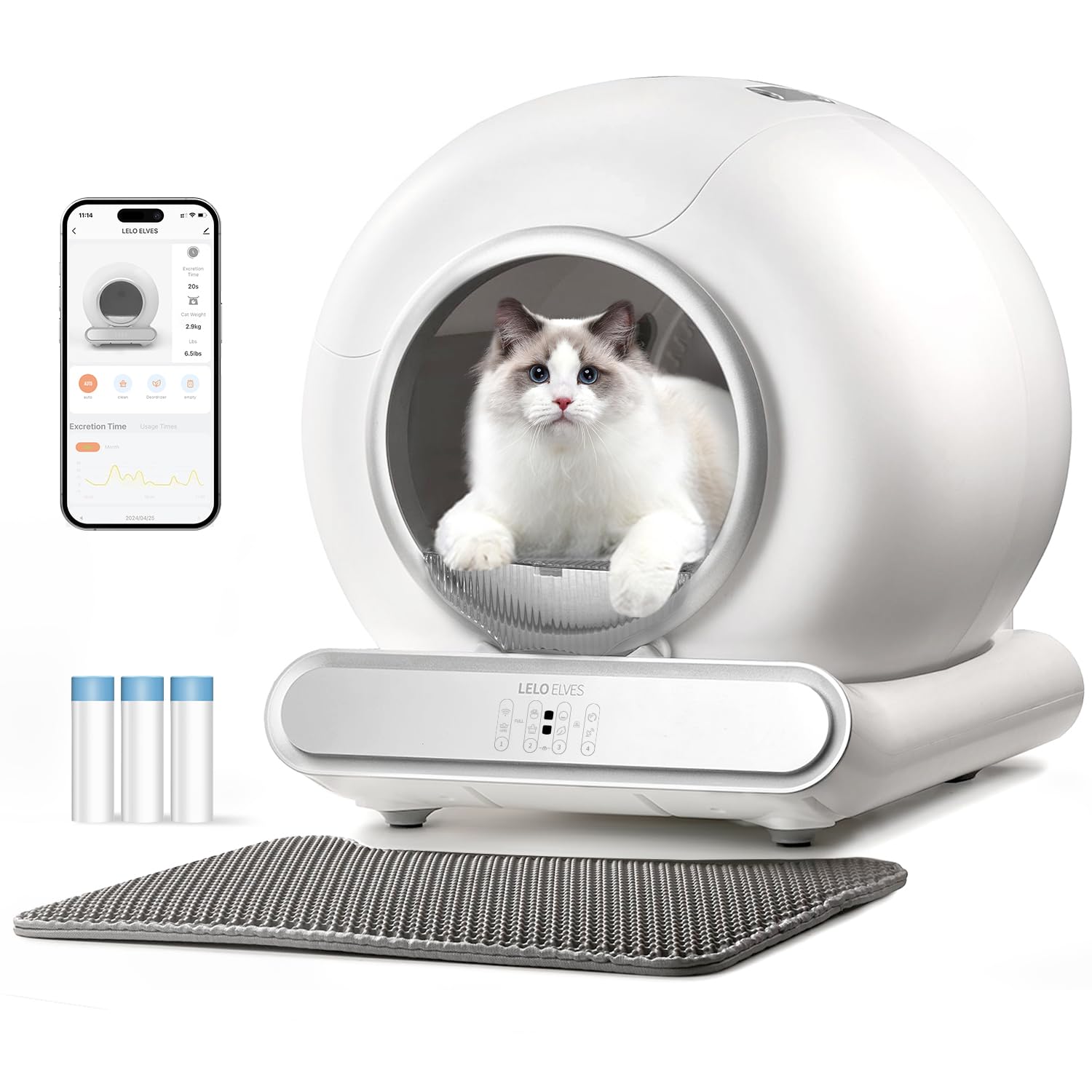 Self Cleaning Cat Litter Box - Automatic, Ultra-Safe with APP Control, Low Entry & Large Capacity (65L) - Includes 3 Rolls Liners & Mat in Gray - Perfect for Multi-Cat Homes & Busy Pet Owners