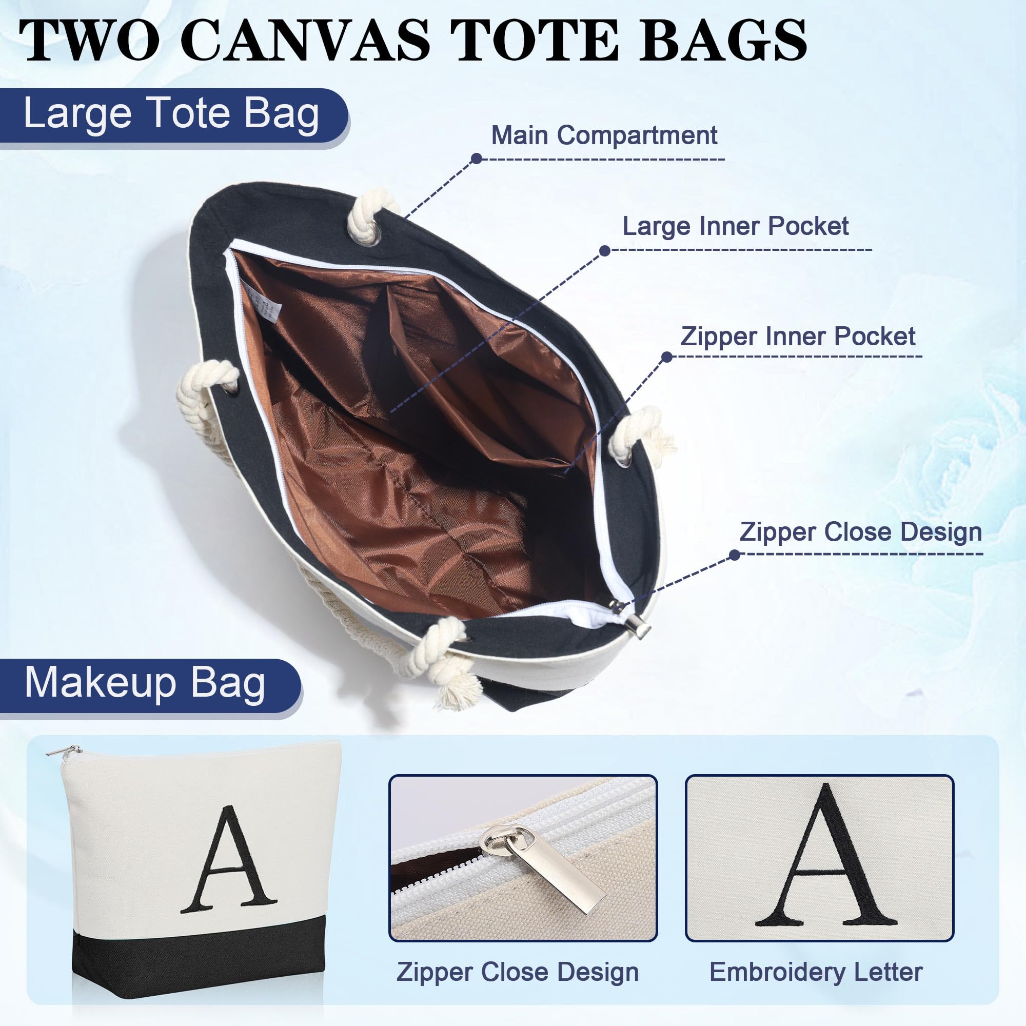 YOOLIFE Personalized Initial Canvas Tote Bag & Makeup Bag Set - Christmas Birthday Gifts for Women, Mom, Teacher, Friend | Trendy Reusable Shopping & Cosmetic Storage for Daily Use, Work, Travel